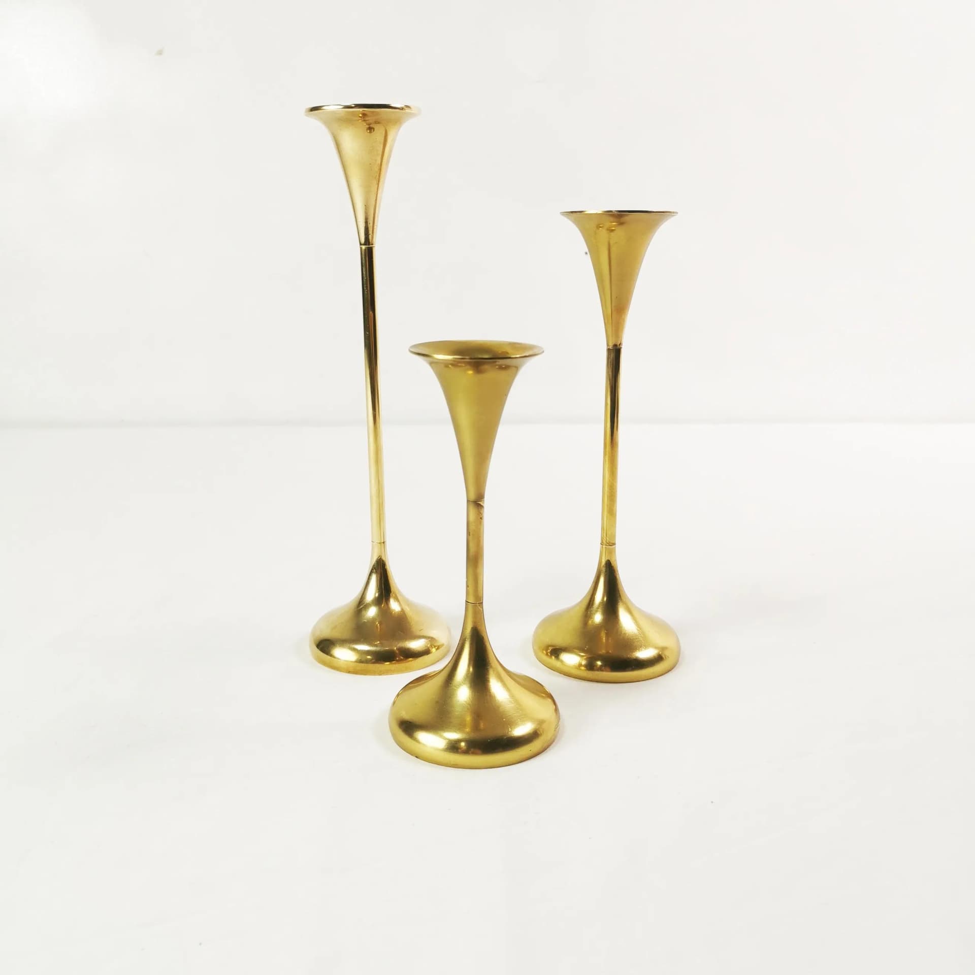 Set of three modernist candlesticks, gold brass, Denmark, 1960s - 340052