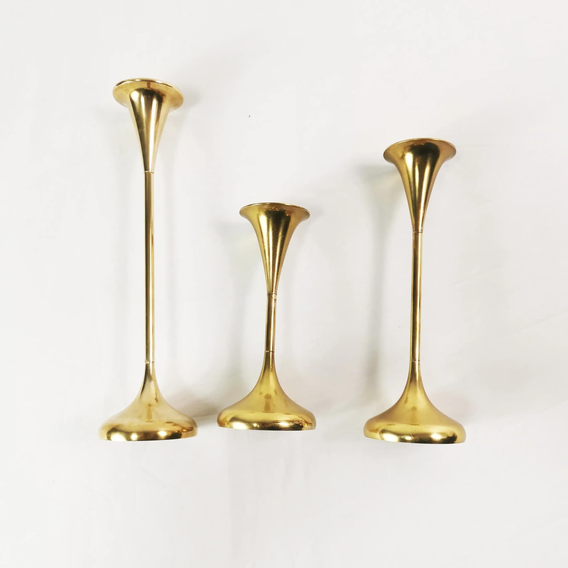 Set of three modernist candlesticks, gold brass, Denmark, 1960s - 340054