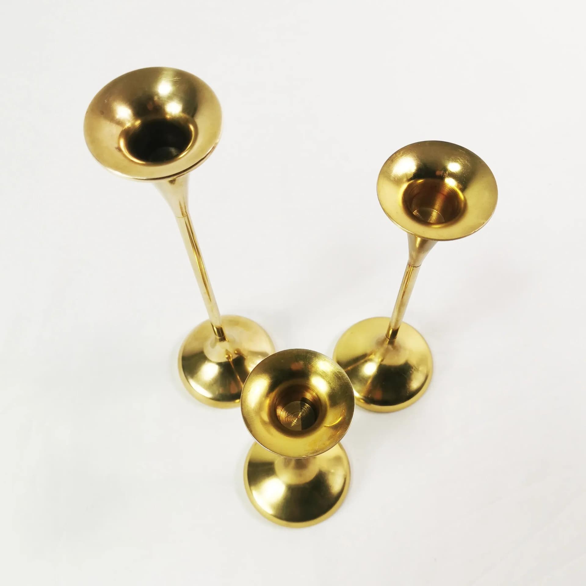 Set of three modernist candlesticks, gold brass, Denmark, 1960s - 340053
