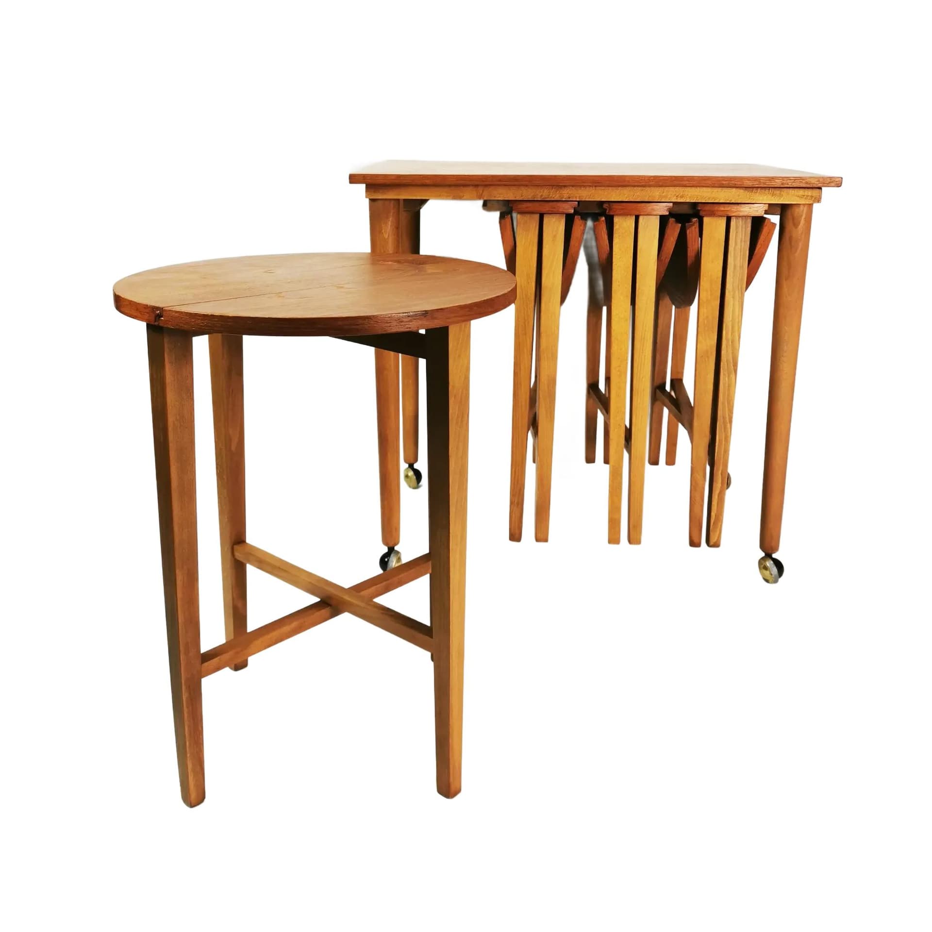 Zestaw pięciu stolików, Mid Century, buk brązowy, teak brązowy, proj. P. Hundevad, Czechosłowacja, lata 60.