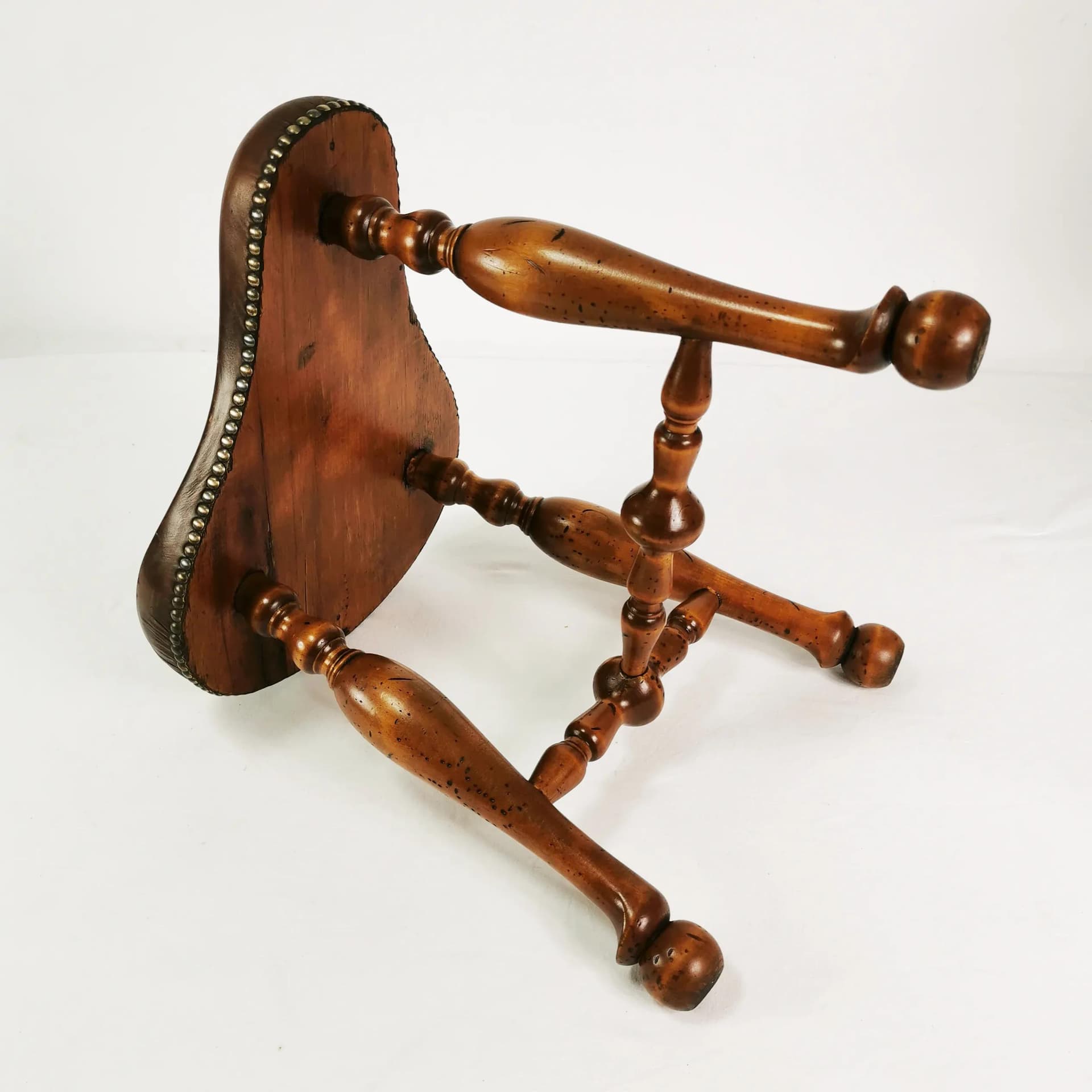 Taboret wiktoriański, brązowy, drewno, skóra naturalna, Hiszpania, XIX w. - 337532