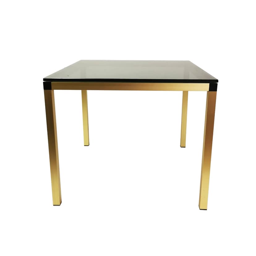 Coffee table, gold aluminum, smoked green-grey glass, Denmark, 1980s.