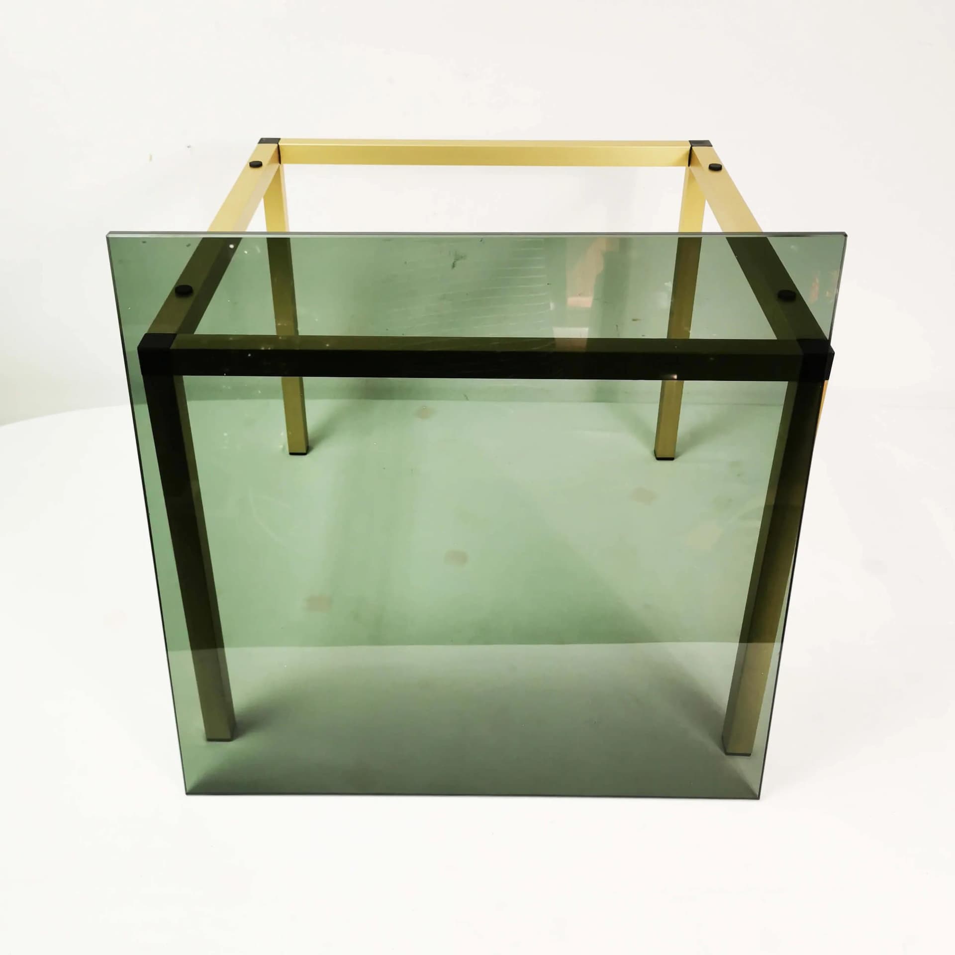 Coffee table, gold aluminum, smoked green-grey glass, Denmark, 1980s. - 337501
