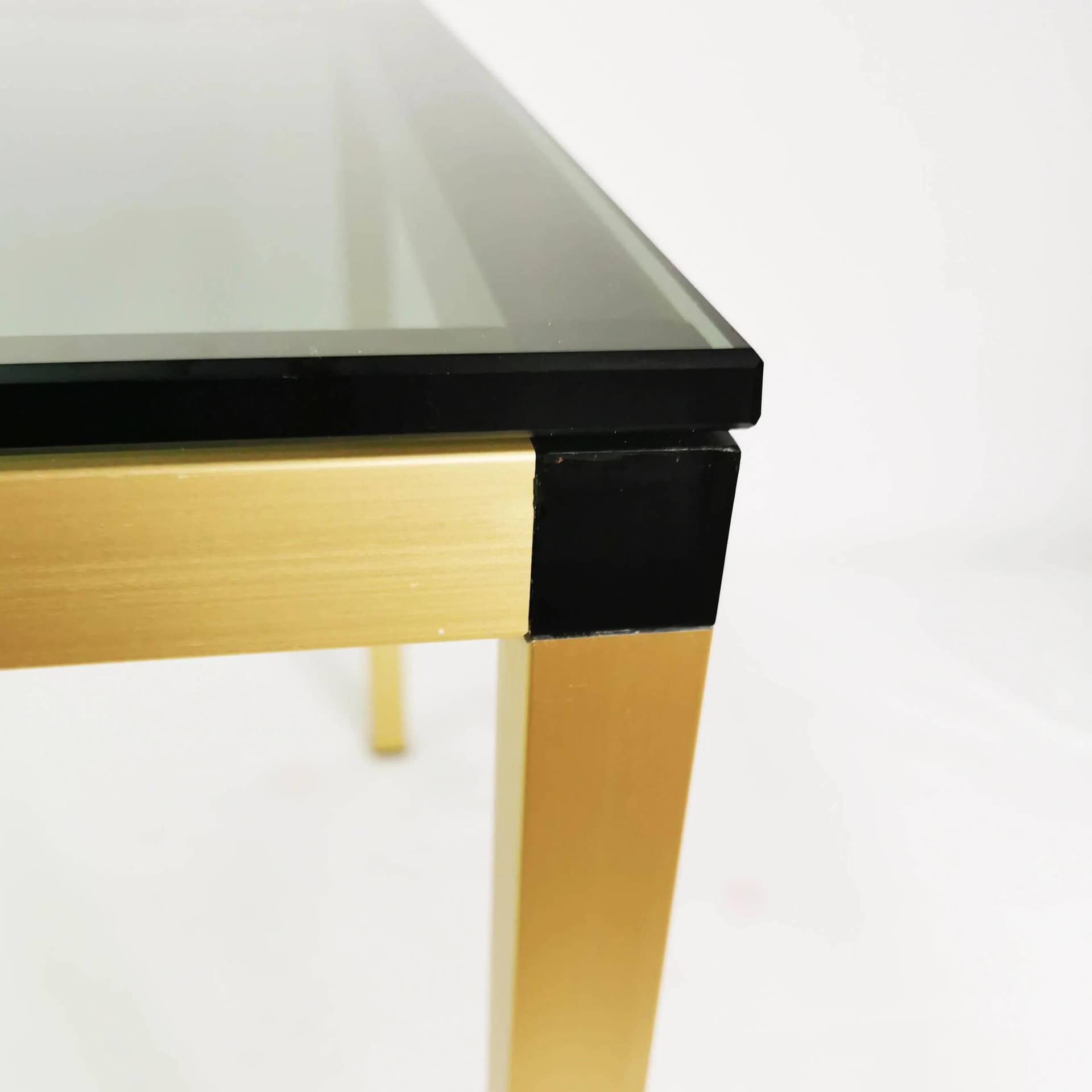 Coffee table, gold aluminum, smoked green-grey glass, Denmark, 1980s. - 337506
