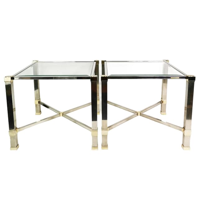 Pair of coffee tables Hollywood Regency, silver chrome metal, gold-plated metal, transparent glass, by P. Vandel, France, 1980s. - DIMENSION