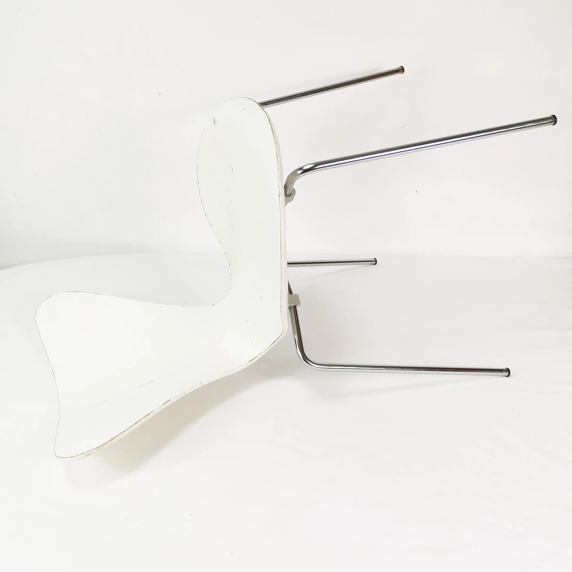 Krzesło 3107 Motyl, sklejka biała, metal chrom, proj. A. Jacobsen, Fritz Hansen, Dania, lata 60. - 337304