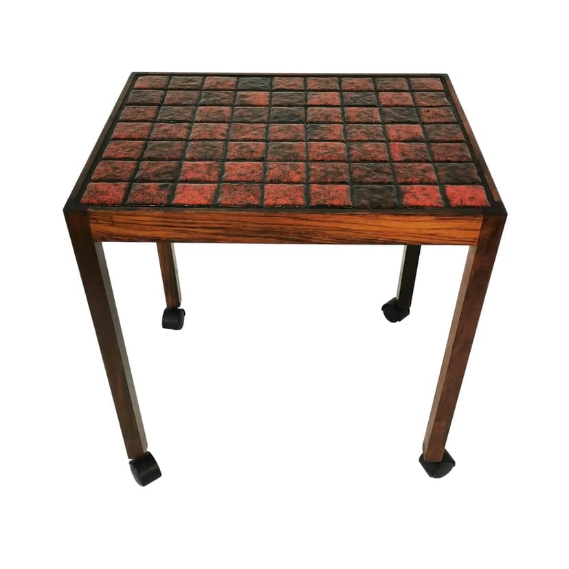 Stolik pomocniczy Mid Century, ceramika czerwona, palisander brązowy, Dania, lata 70.