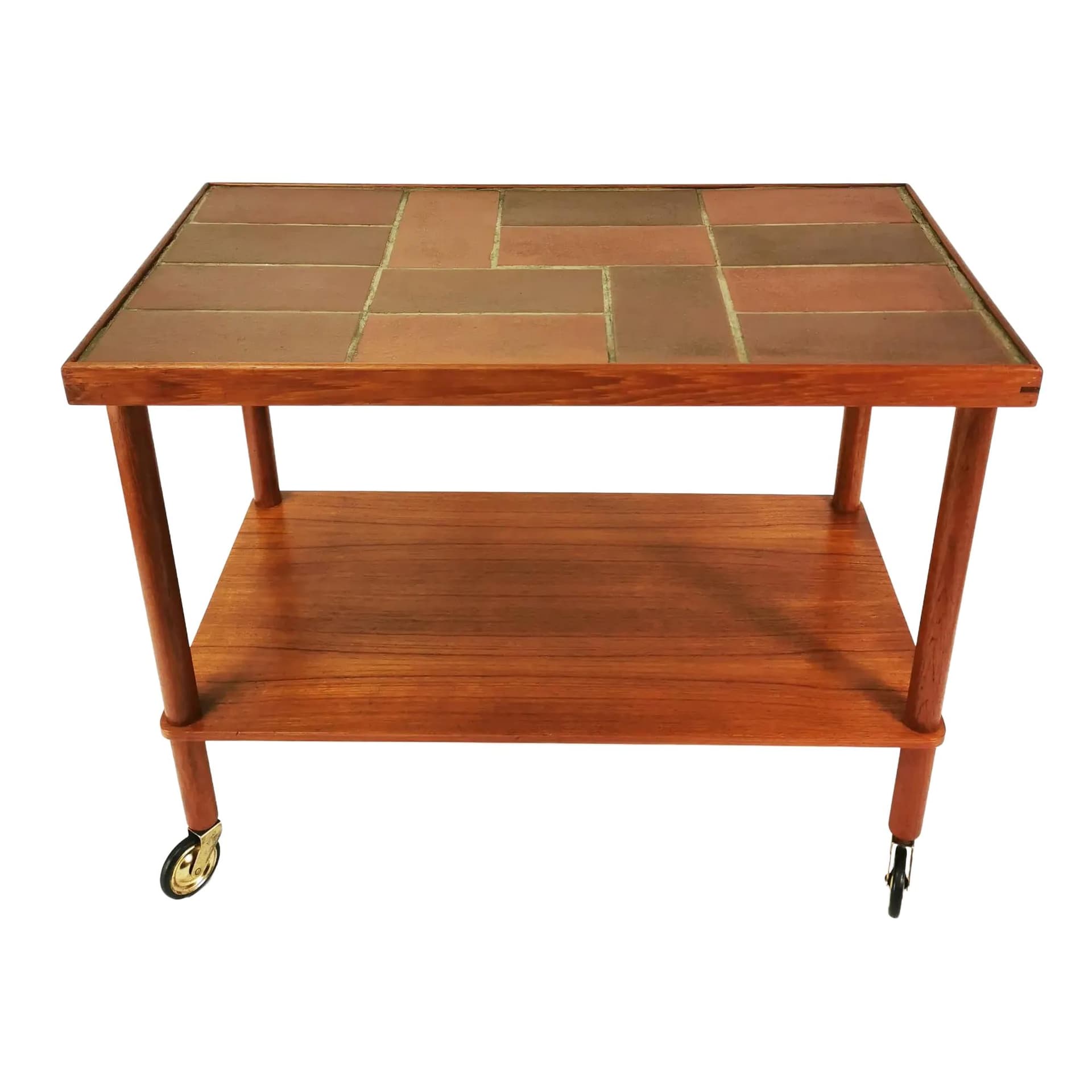 Stolik boczny Mid-Century, teak brązowy, ceramika beżowa, Dania, lata 60.