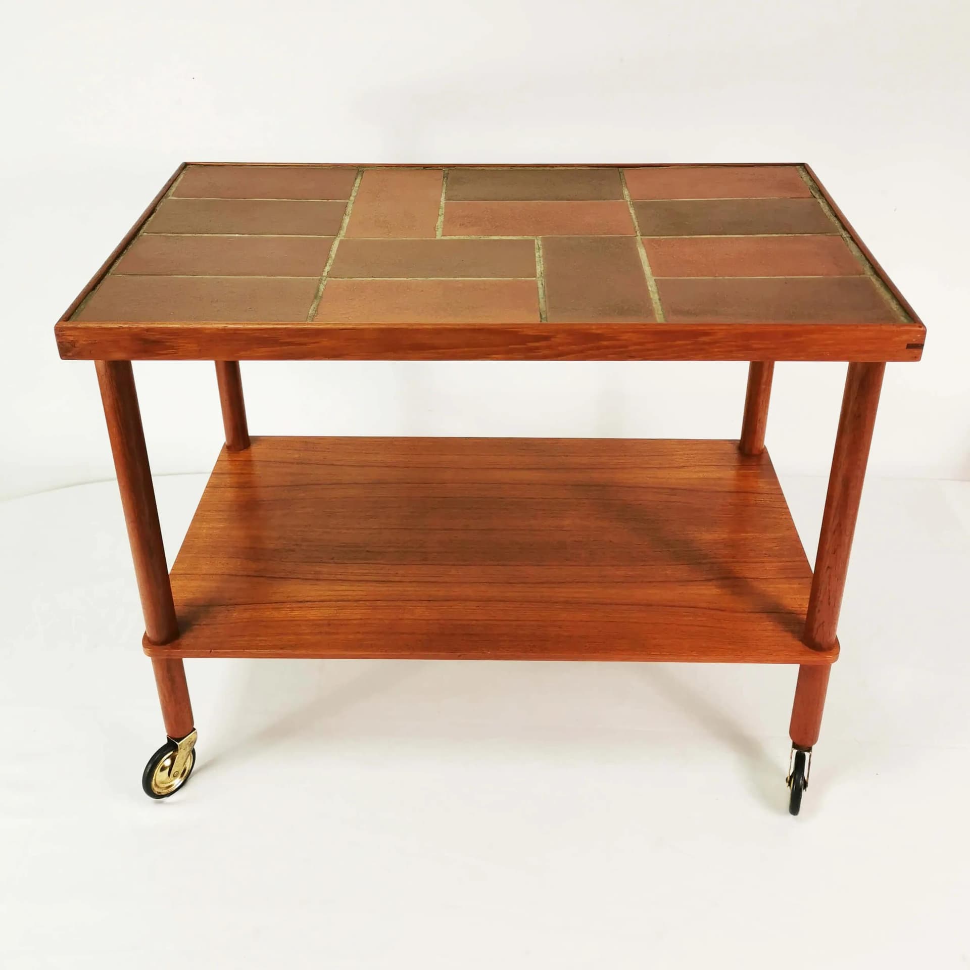Stolik boczny Mid-Century, teak brązowy, ceramika beżowa, Dania, lata 60. - 339799