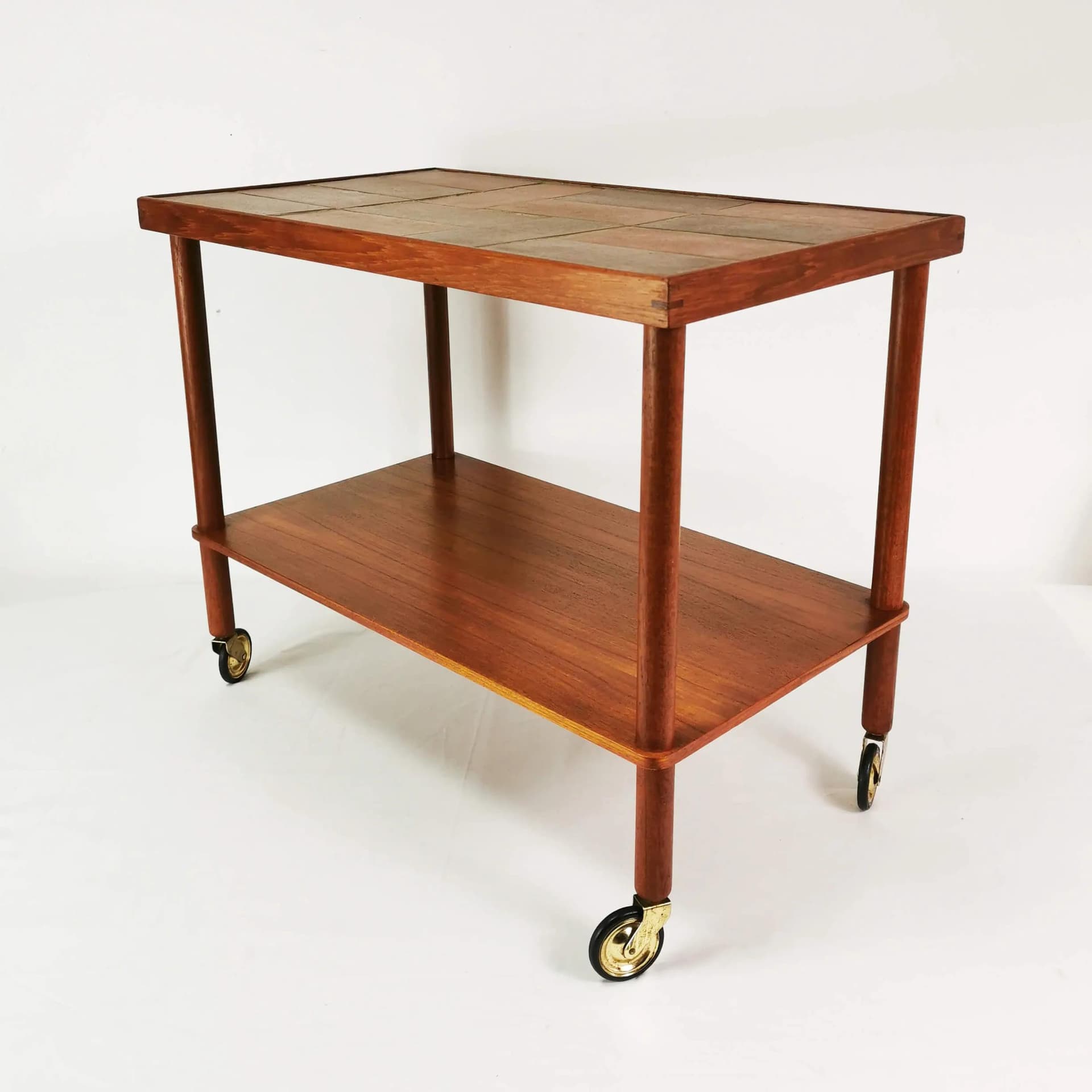 Stolik boczny Mid-Century, teak brązowy, ceramika beżowa, Dania, lata 60. - 339798