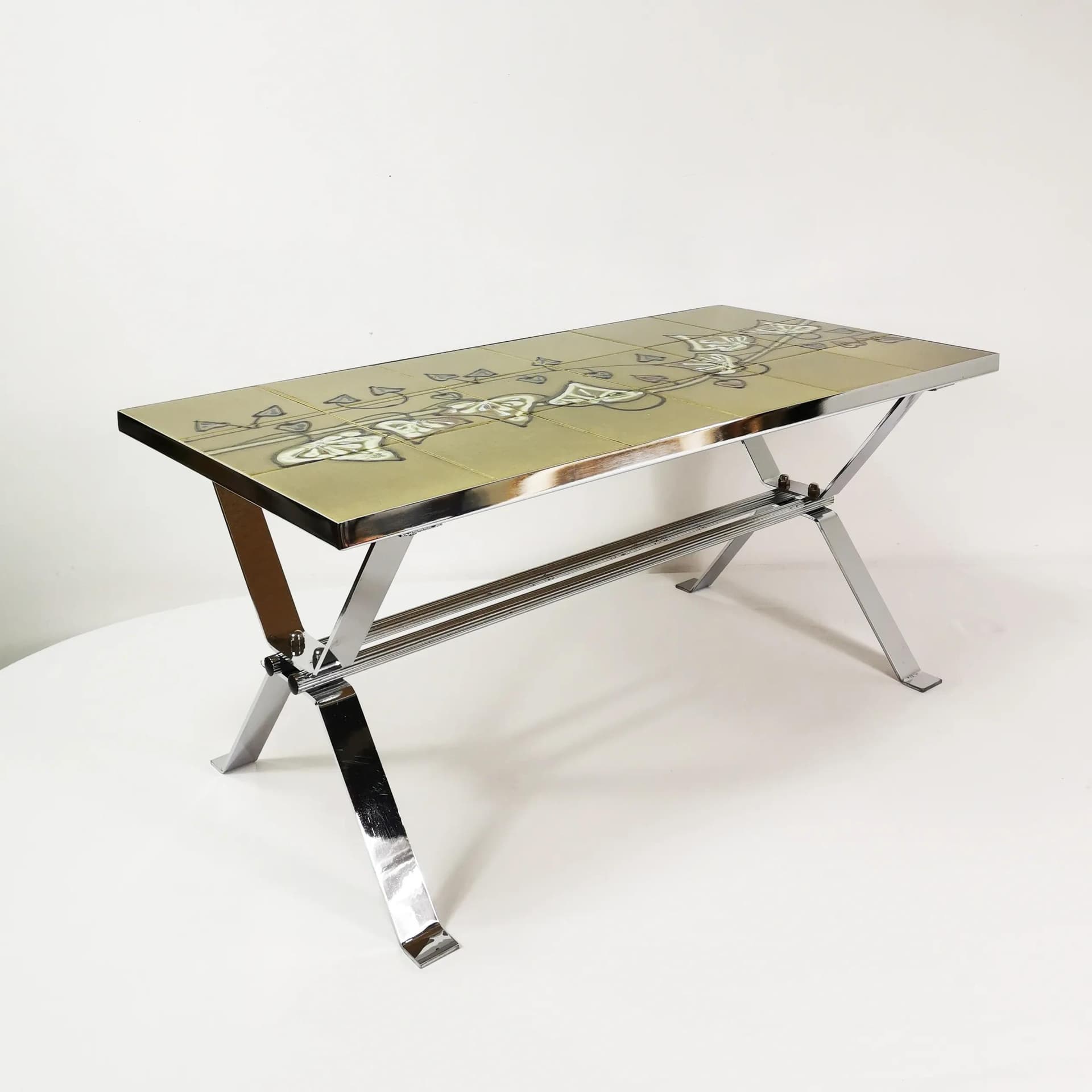 Coffee table, green ceramic, chrome, Belgium, 1960s. - 338592