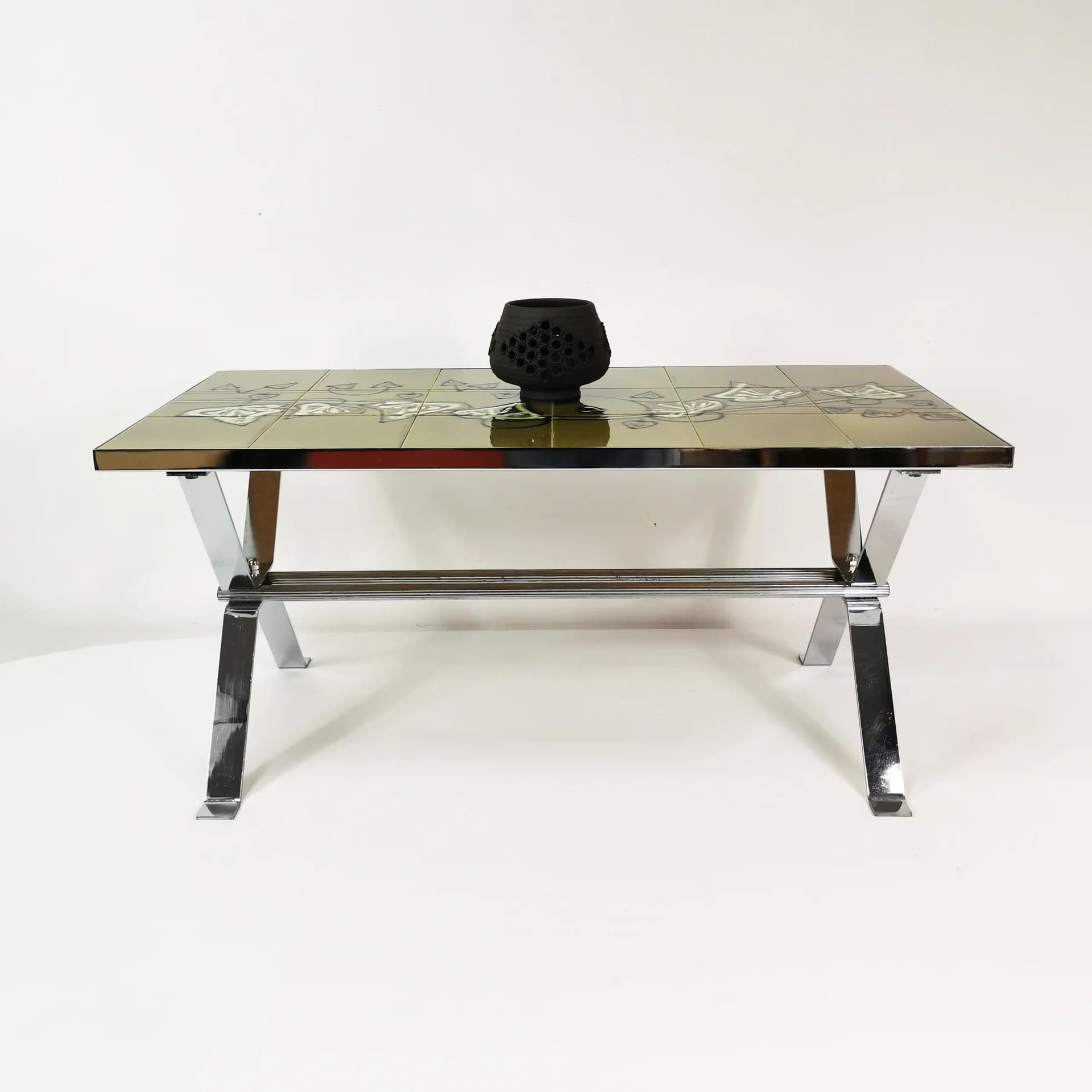 Coffee table, green ceramic, chrome, Belgium, 1960s. - 338588