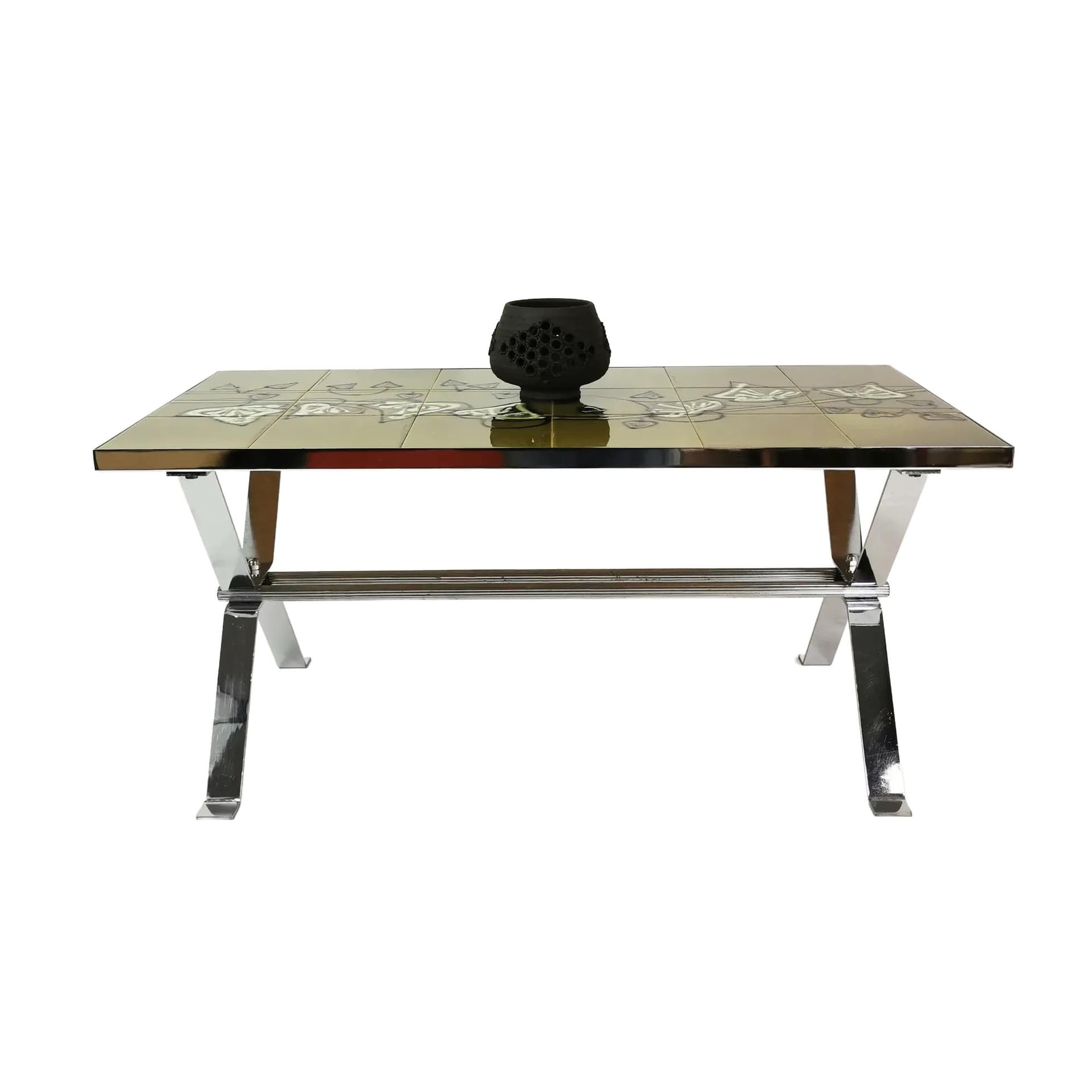 Coffee table, green ceramic, chrome, Belgium, 1960s.