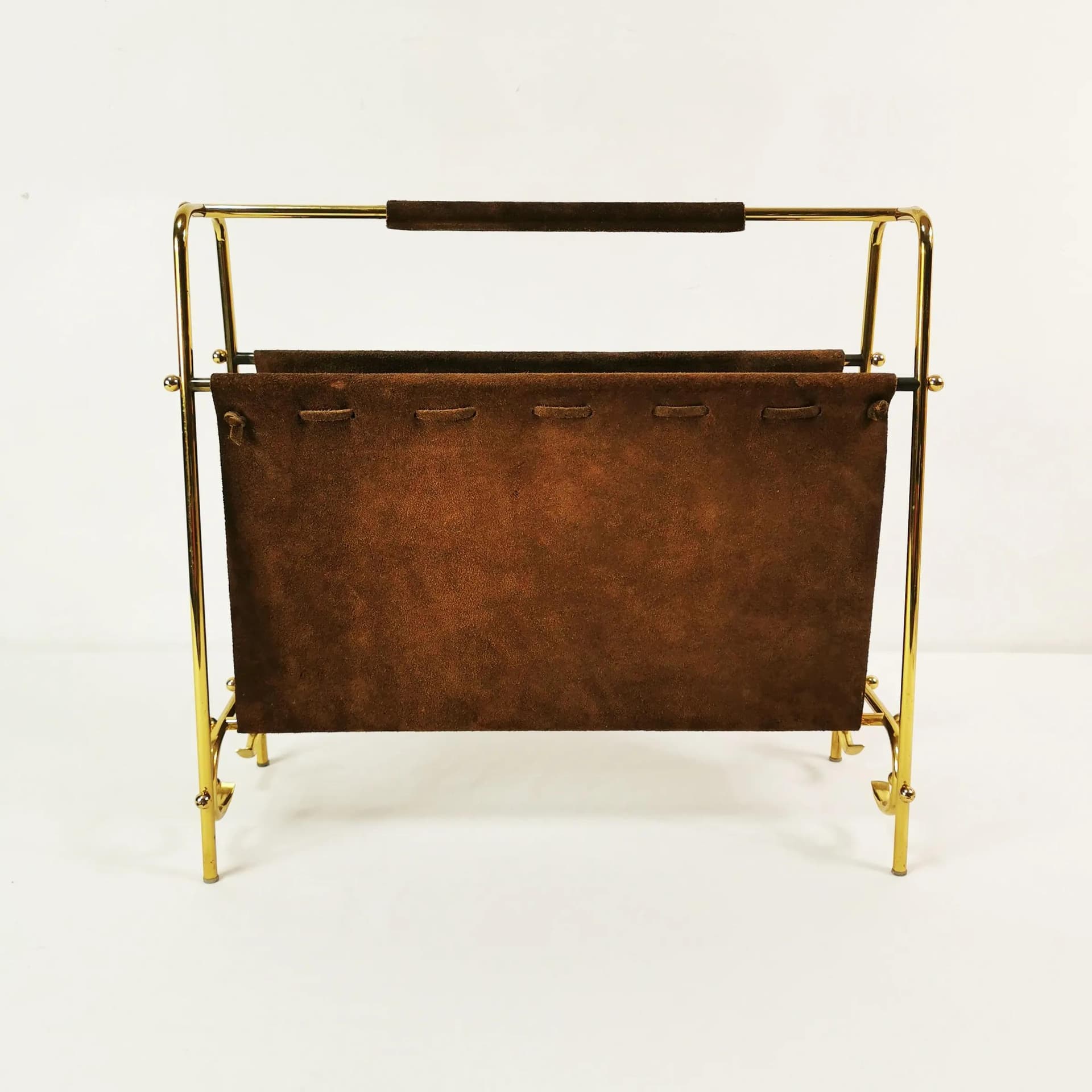 Gazetnik Mid Century, skóra brązowa, mosiądz złoty, Niemcy, lata 60. - 338468