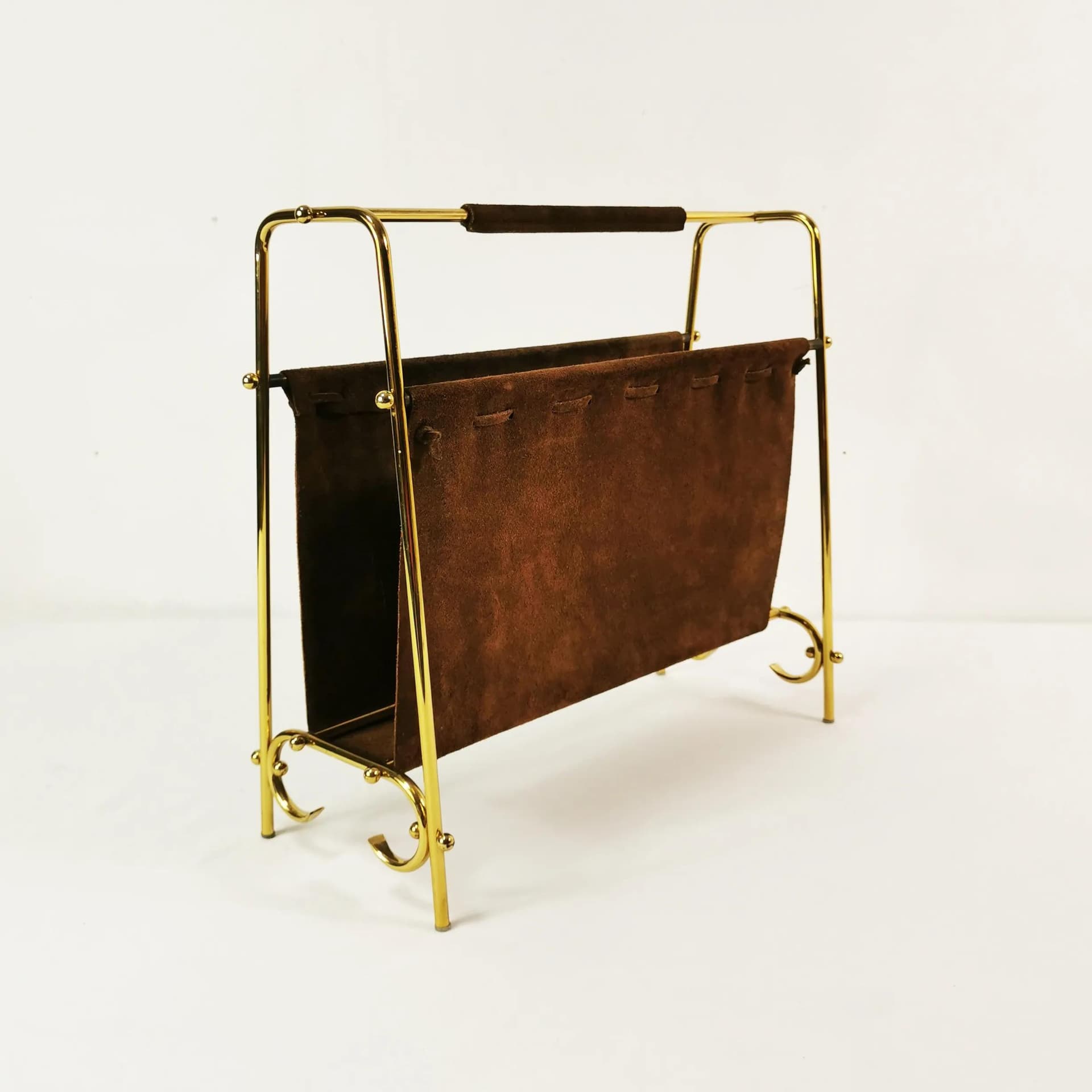 Gazetnik Mid Century, skóra brązowa, mosiądz złoty, Niemcy, lata 60. - 338464