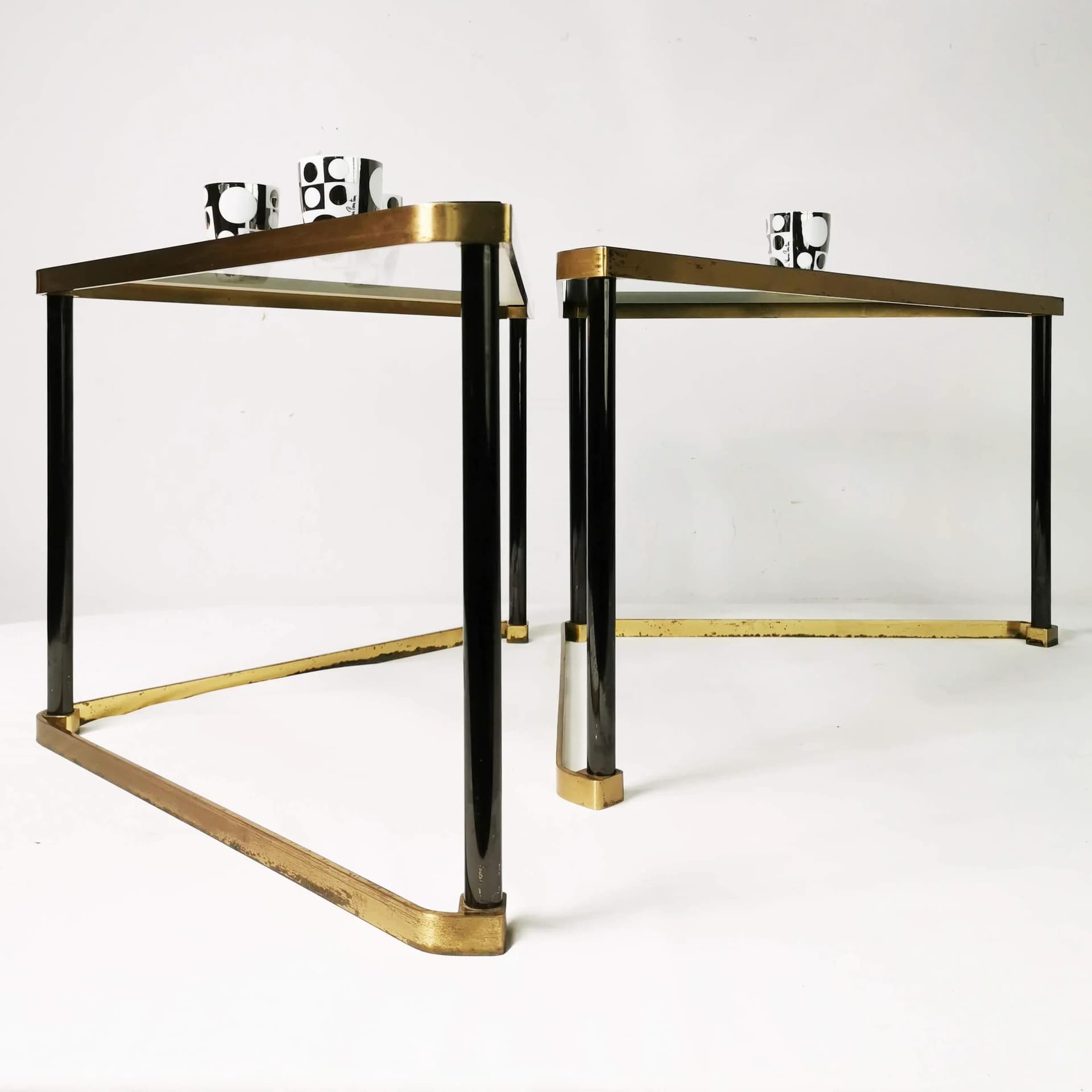 Set of two coffee tables Art Deco, gold brass, transparent glass, Germany, 1960s. - 338406