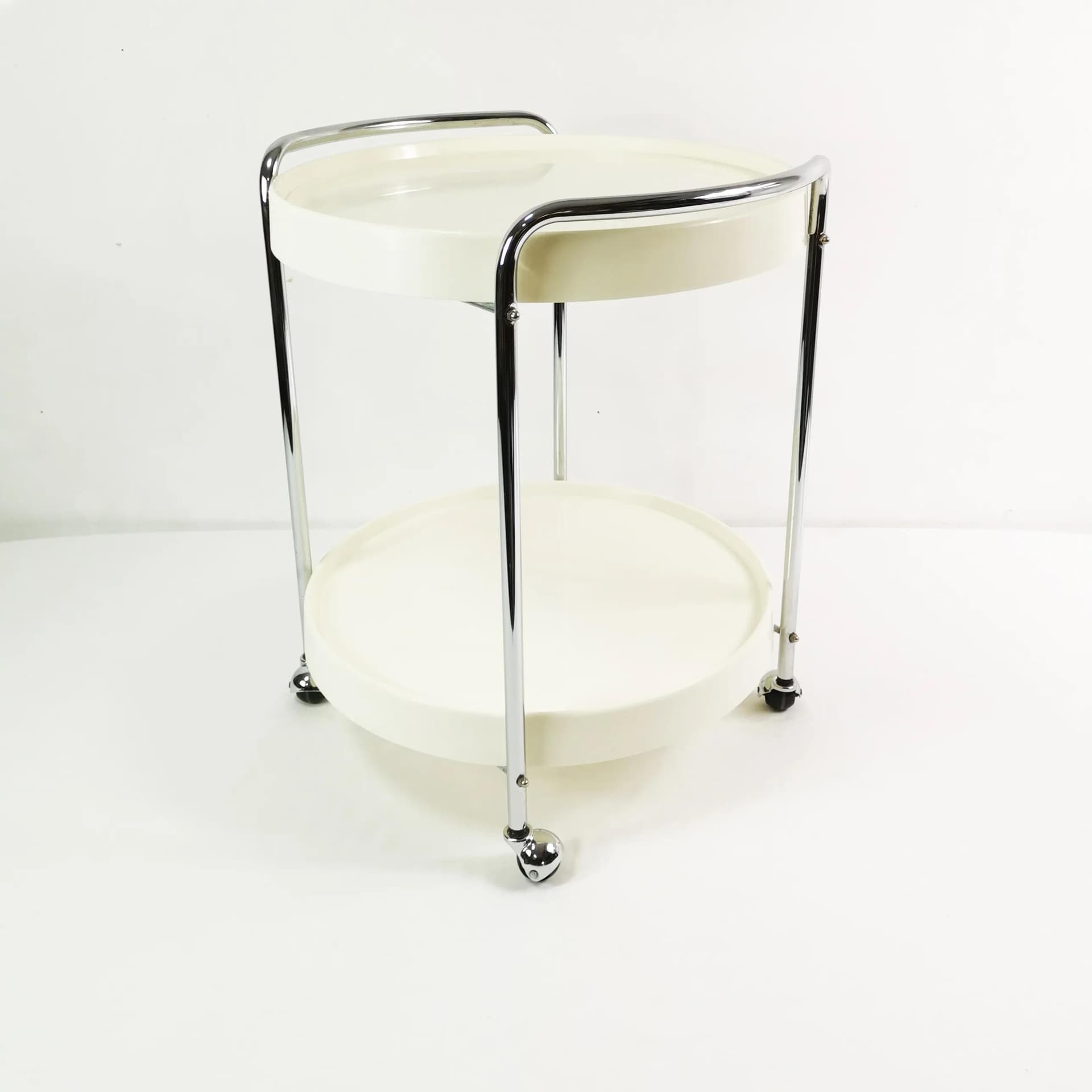 Bar Cart Space Age, white chrome, yellow black plastic, Germany, 1960s. - 338382