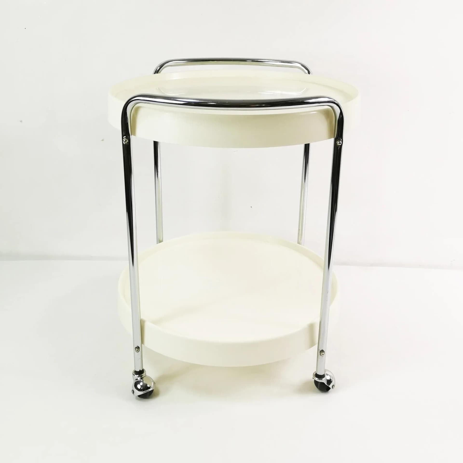 Bar Cart Space Age, white chrome, yellow black plastic, Germany, 1960s. - 338383
