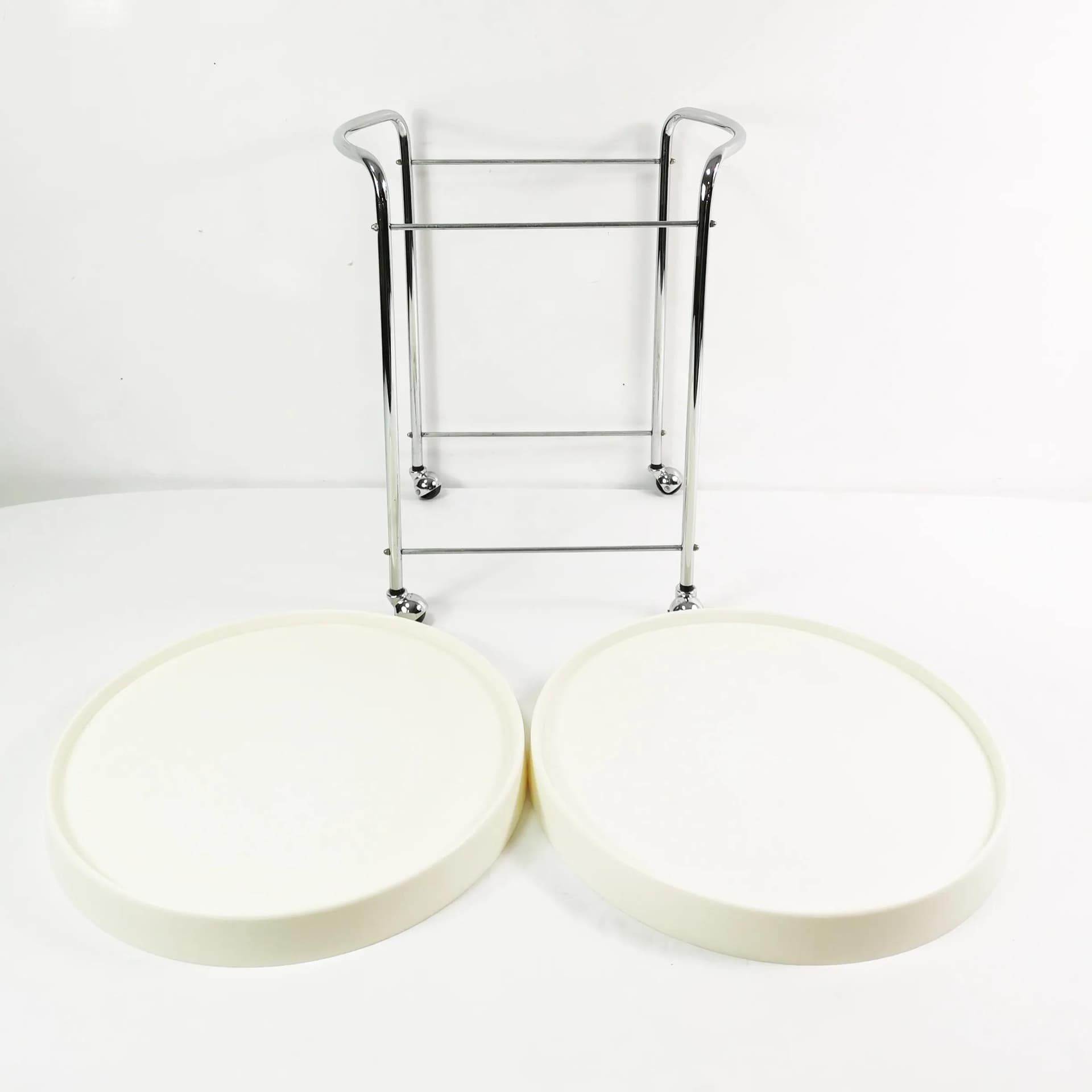 Bar Cart Space Age, white chrome, yellow black plastic, Germany, 1960s. - 338384