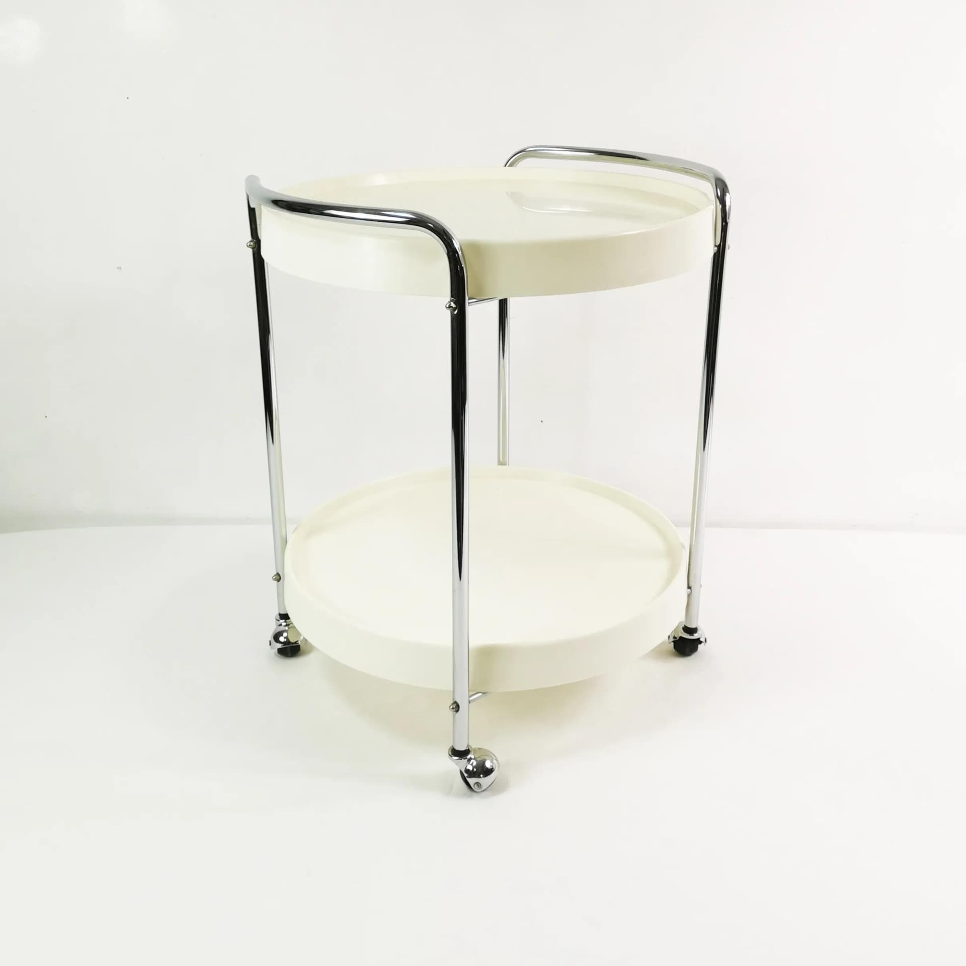 Bar Cart Space Age, white chrome, yellow black plastic, Germany, 1960s. - 338379