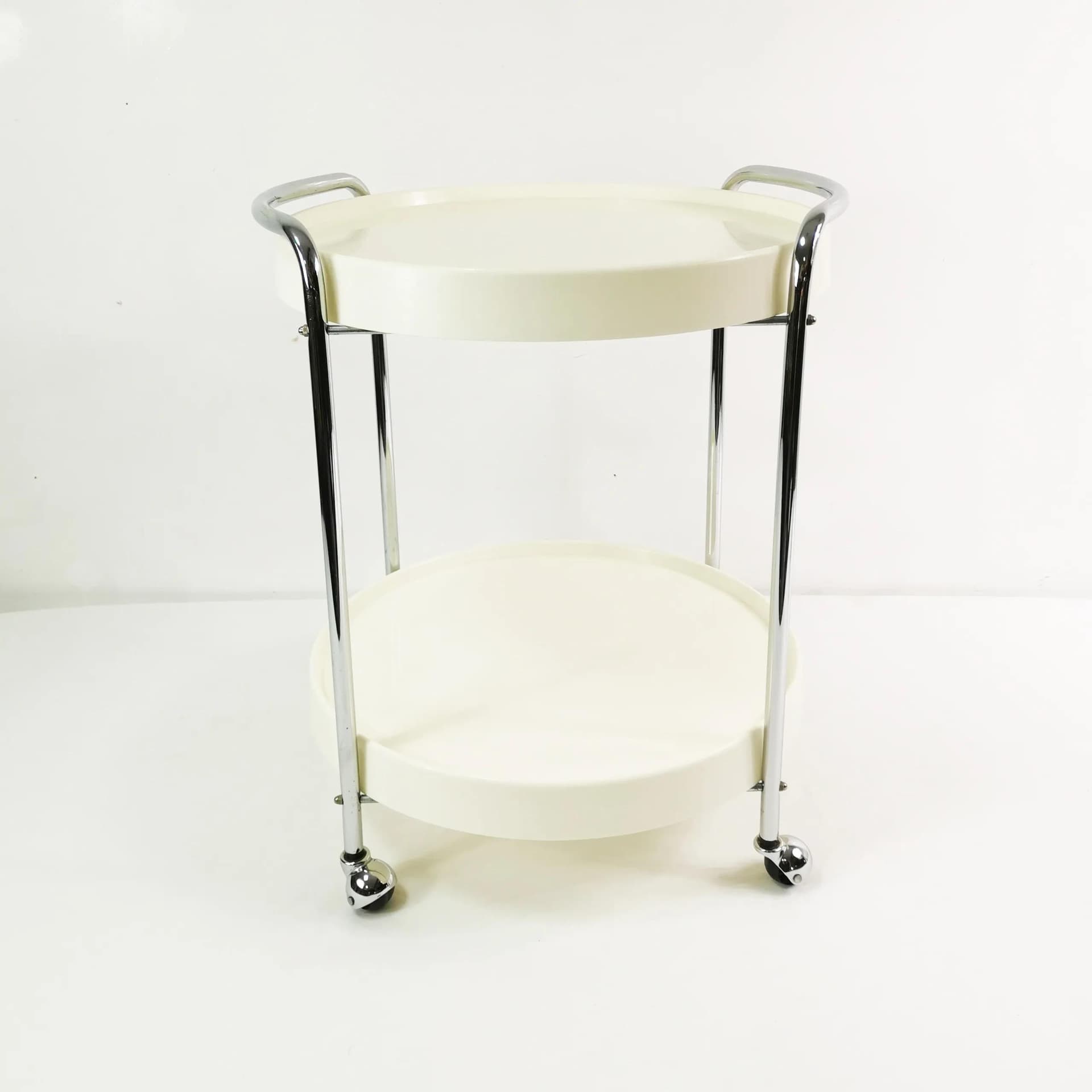 Bar Cart Space Age, white chrome, yellow black plastic, Germany, 1960s. - 338380