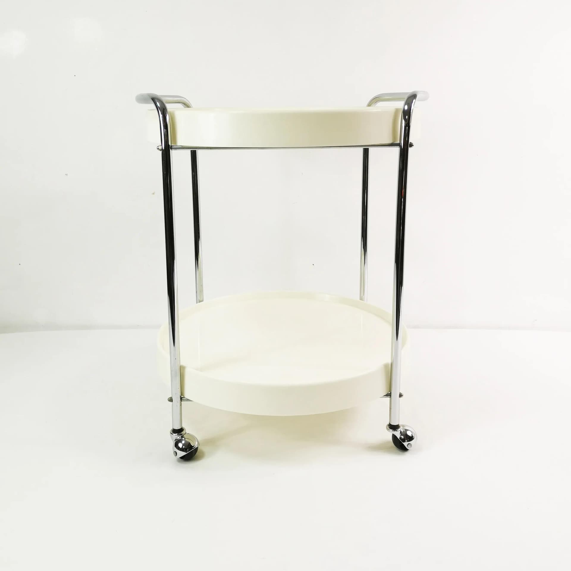 Bar Cart Space Age, white chrome, yellow black plastic, Germany, 1960s. - 338381
