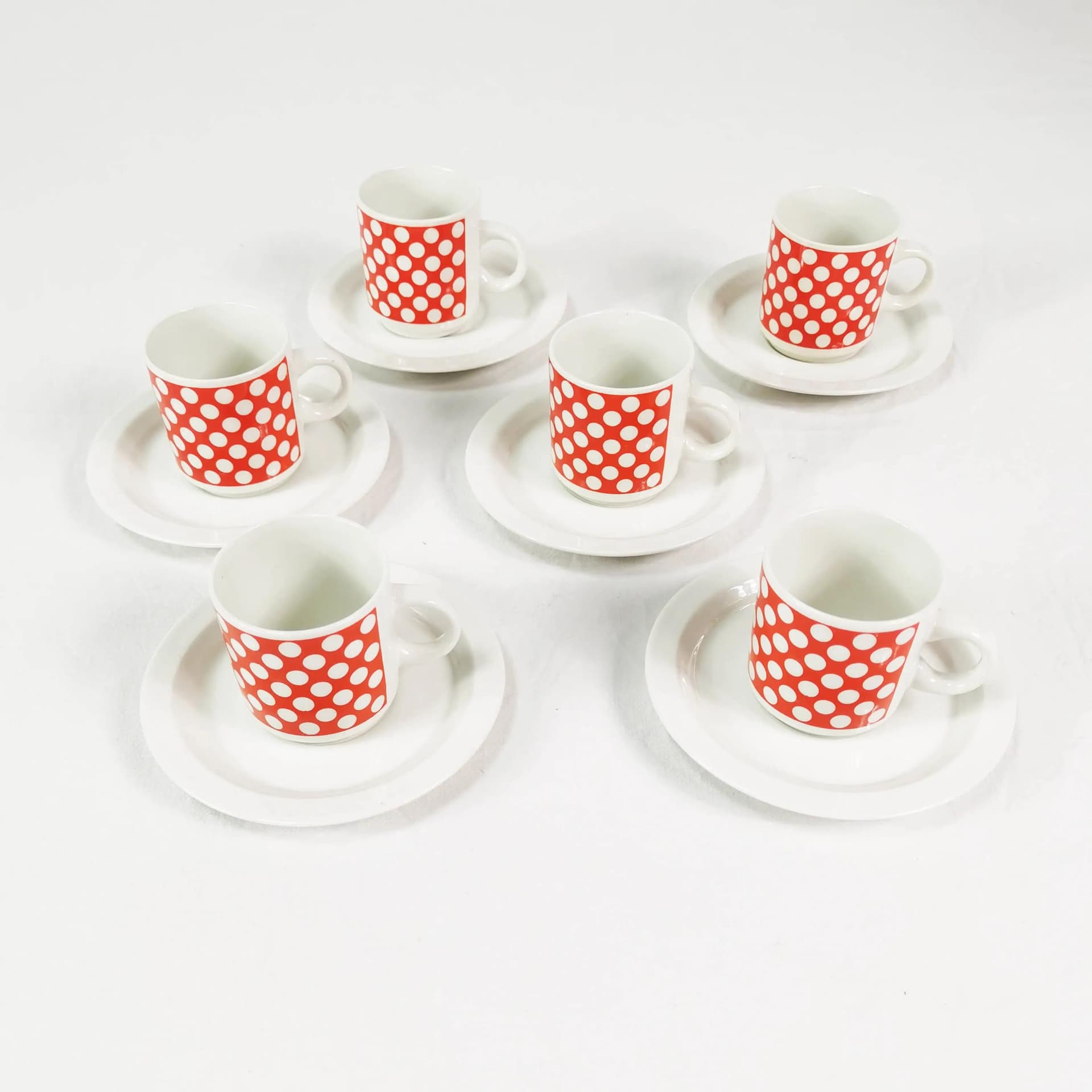 Zestaw sześciu filiżanek do espresso, porcelana biała czerwony, Fontebasso Treviso, Włochy, lata 70. - 337957