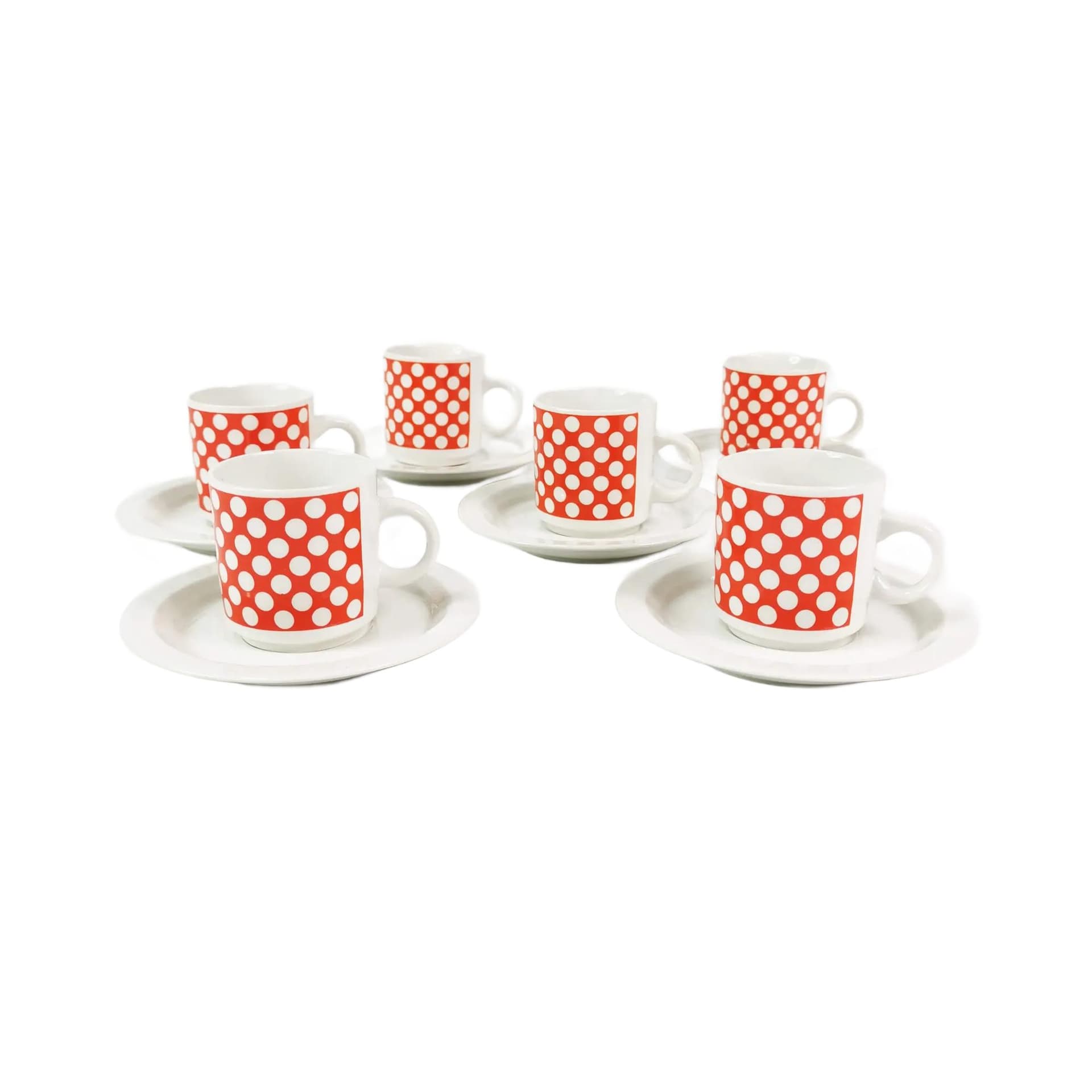 Zestaw sześciu filiżanek do espresso, porcelana biała czerwony, Fontebasso Treviso, Włochy, lata 70.