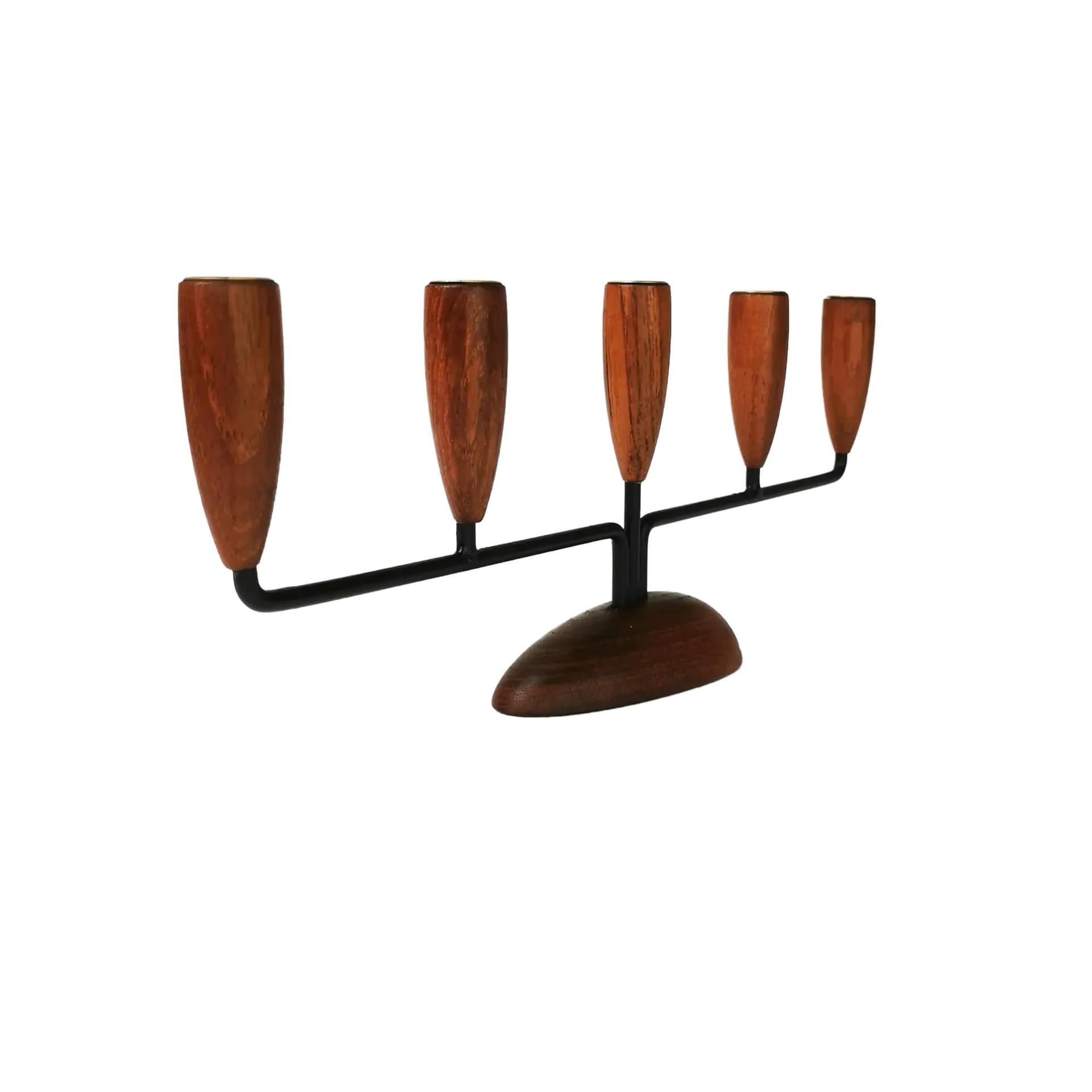 Candleholder Modernist, brown teak, black metal, Denmark, 1960s.