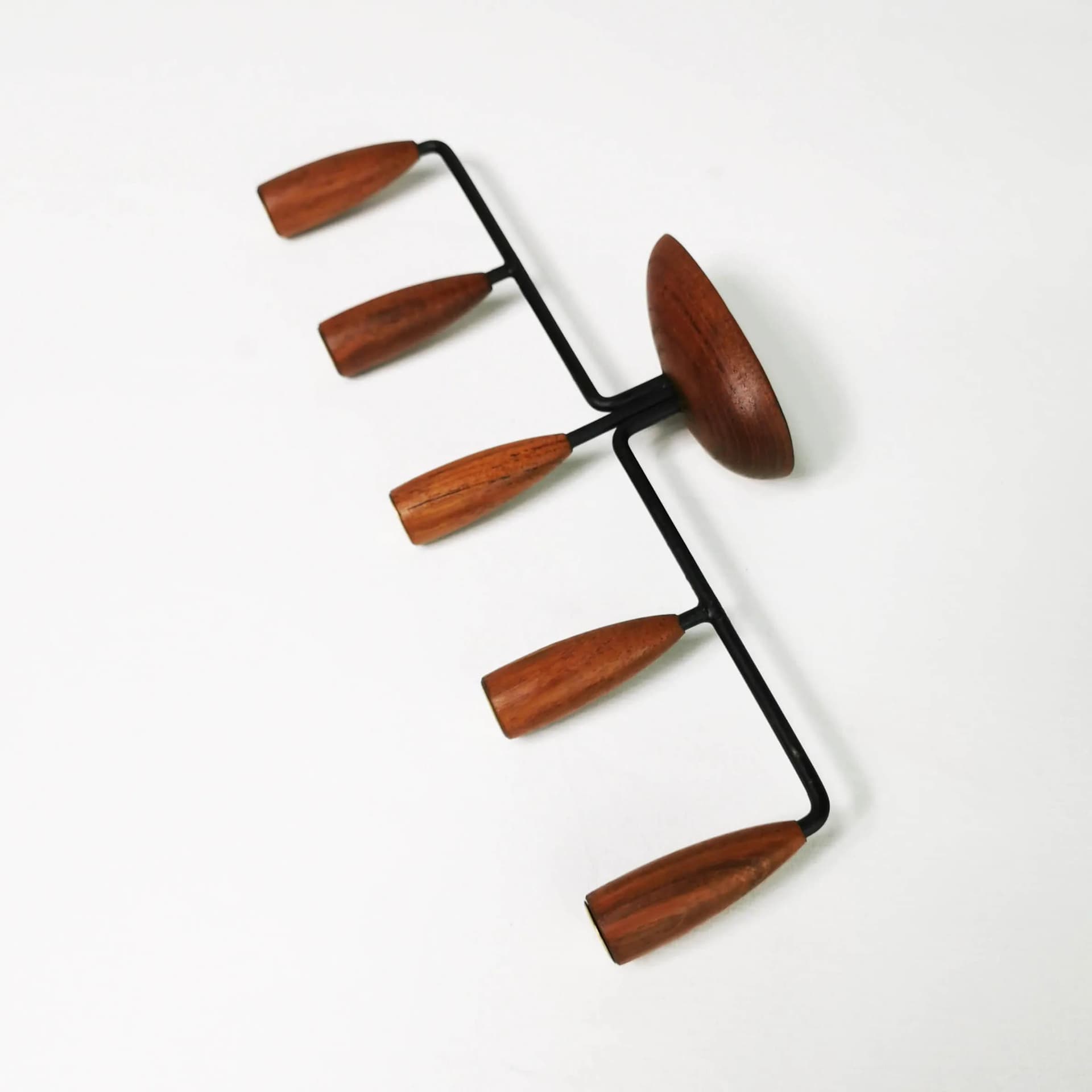 Candleholder Modernist, brown teak, black metal, Denmark, 1960s. - 337859