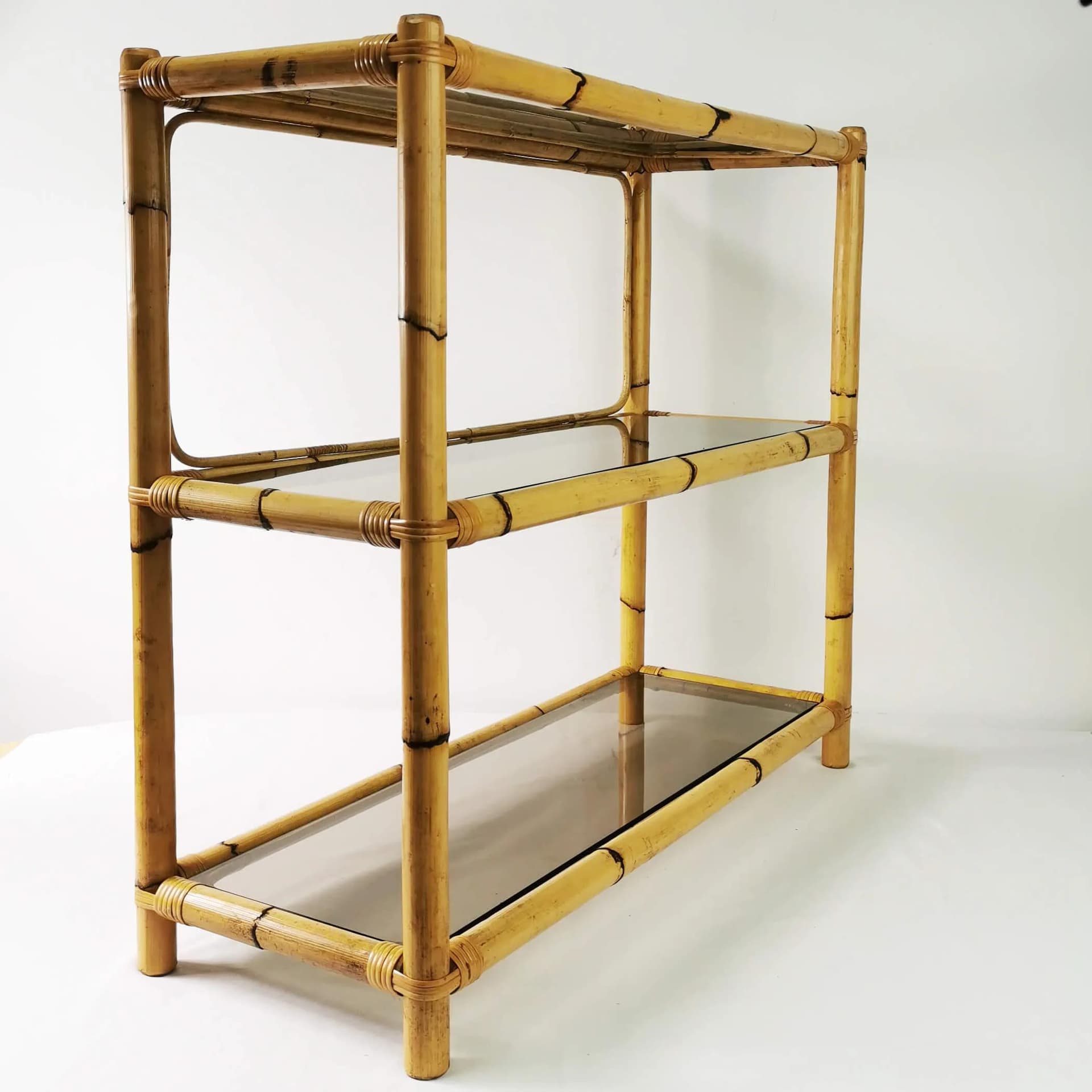 Étagère, brown bamboo, smoked glass, Germany, 1970s. - 339601