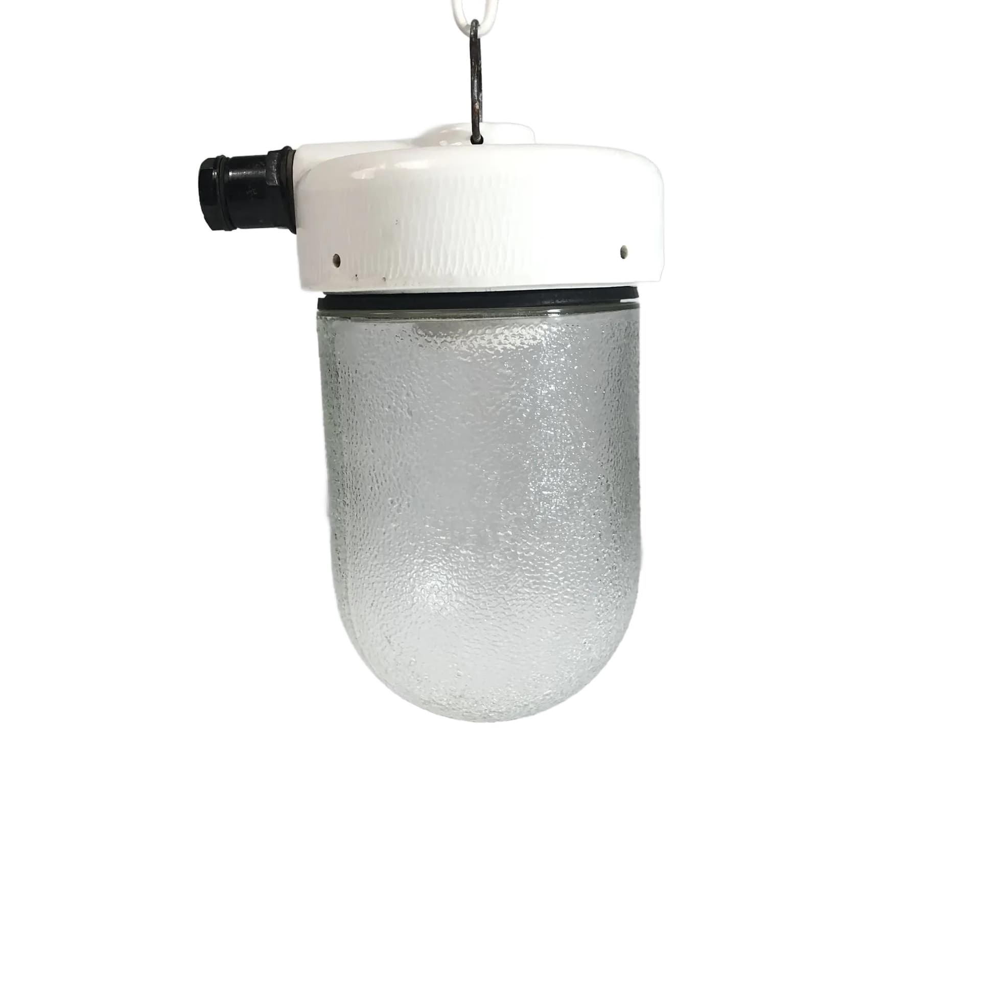 Lampa wisząca industrialna, szkło transparent, Niemcy, lata 70.