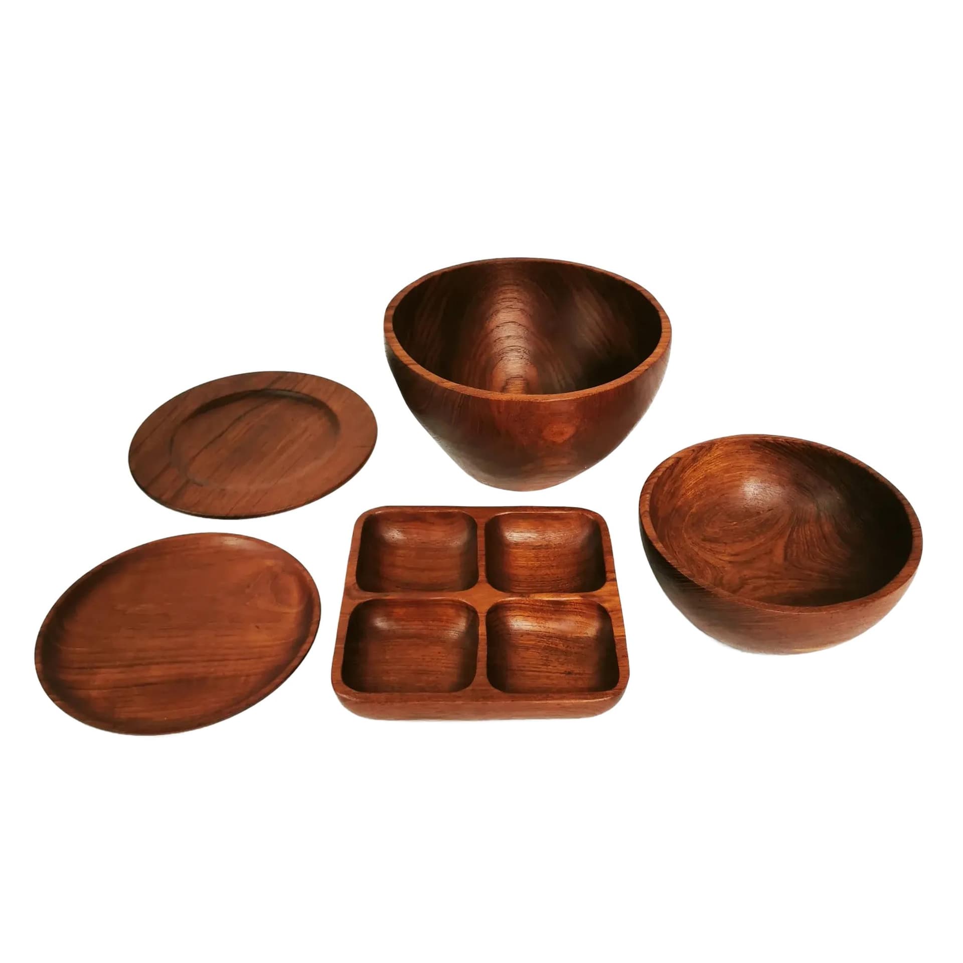 Set of five Mid Century tableware pieces, brown teak, Denmark, 1960s.