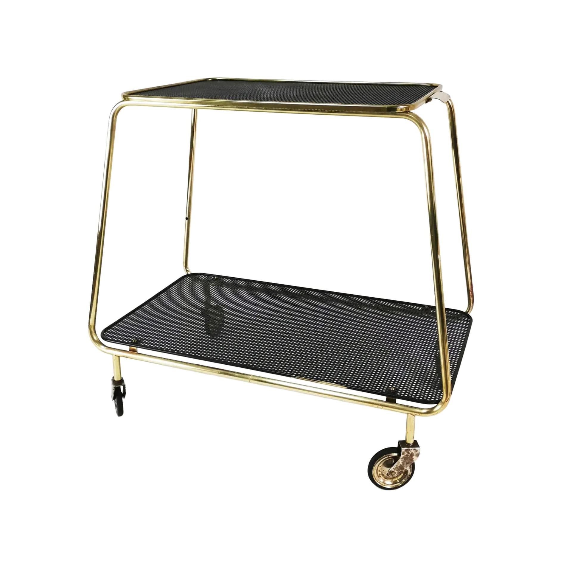 Bar Cart Art Deco, gold brass, black metal, Denmark, 1950s