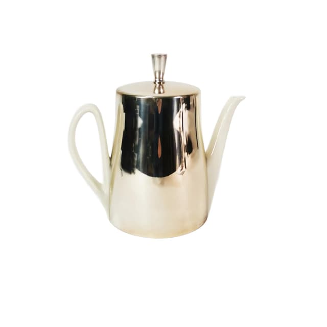 Dzbanek z ocieplaczem Art Deco, porcelana biała, metal srebrny, Niemcy, lata 50. - WYMIARY