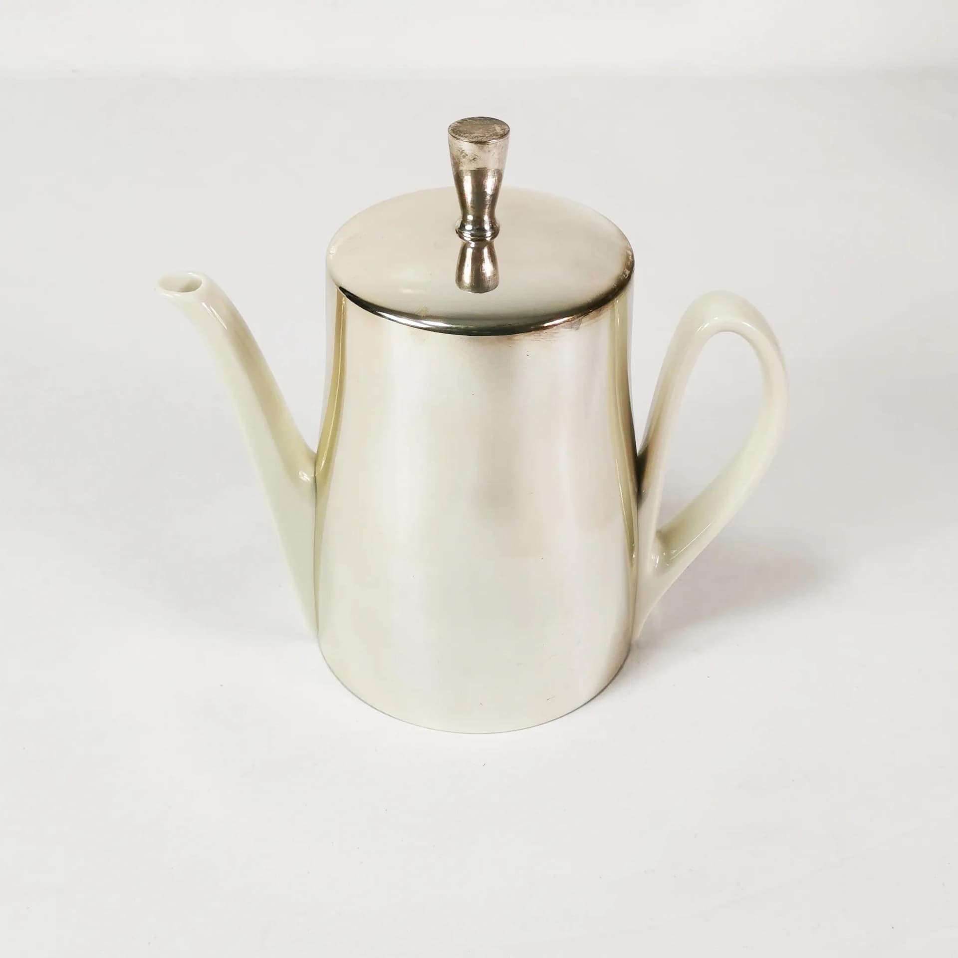 Dzbanek z ocieplaczem Art Deco, porcelana biała, metal srebrny, Niemcy, lata 50. - 338990