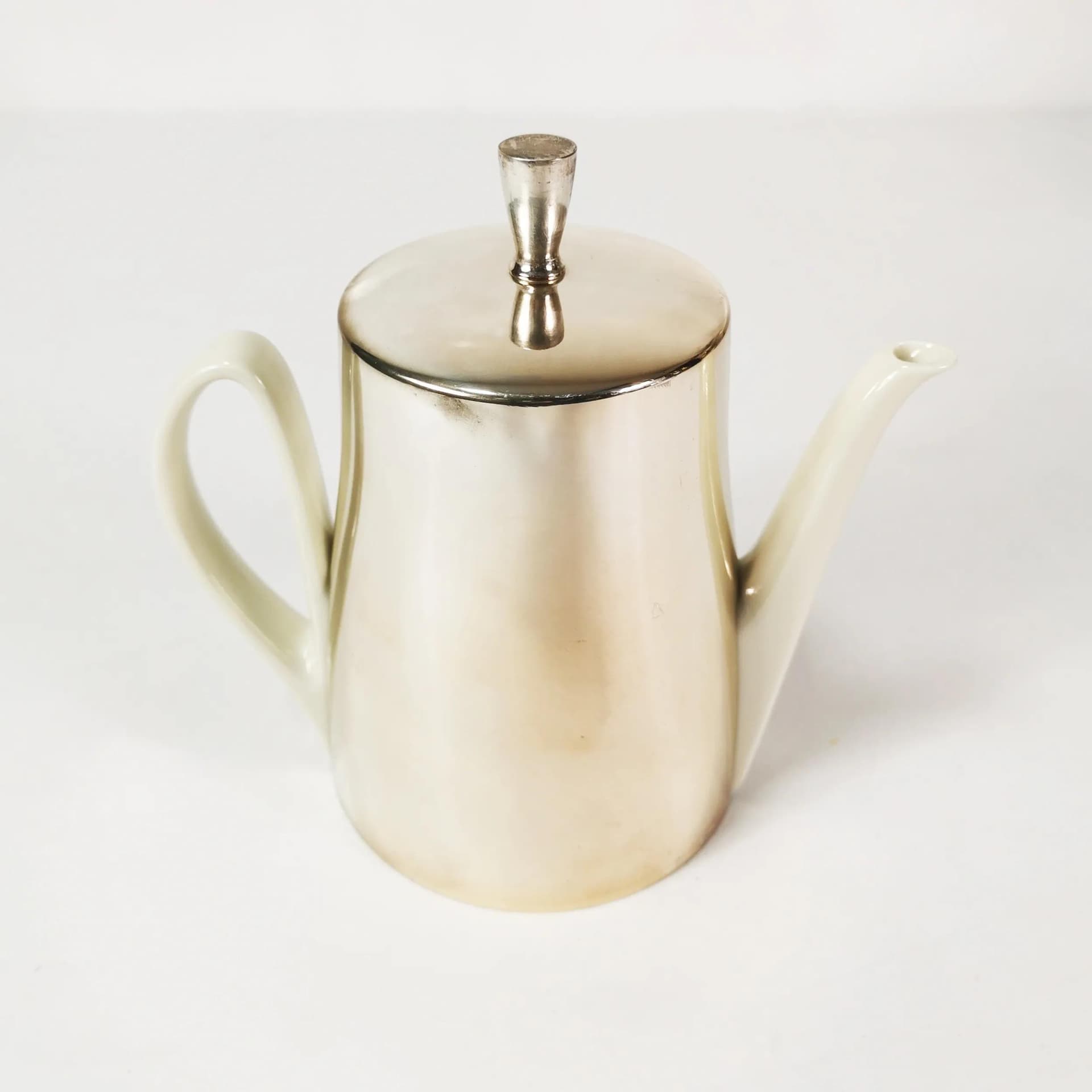 Dzbanek z ocieplaczem Art Deco, porcelana biała, metal srebrny, Niemcy, lata 50. - 338988