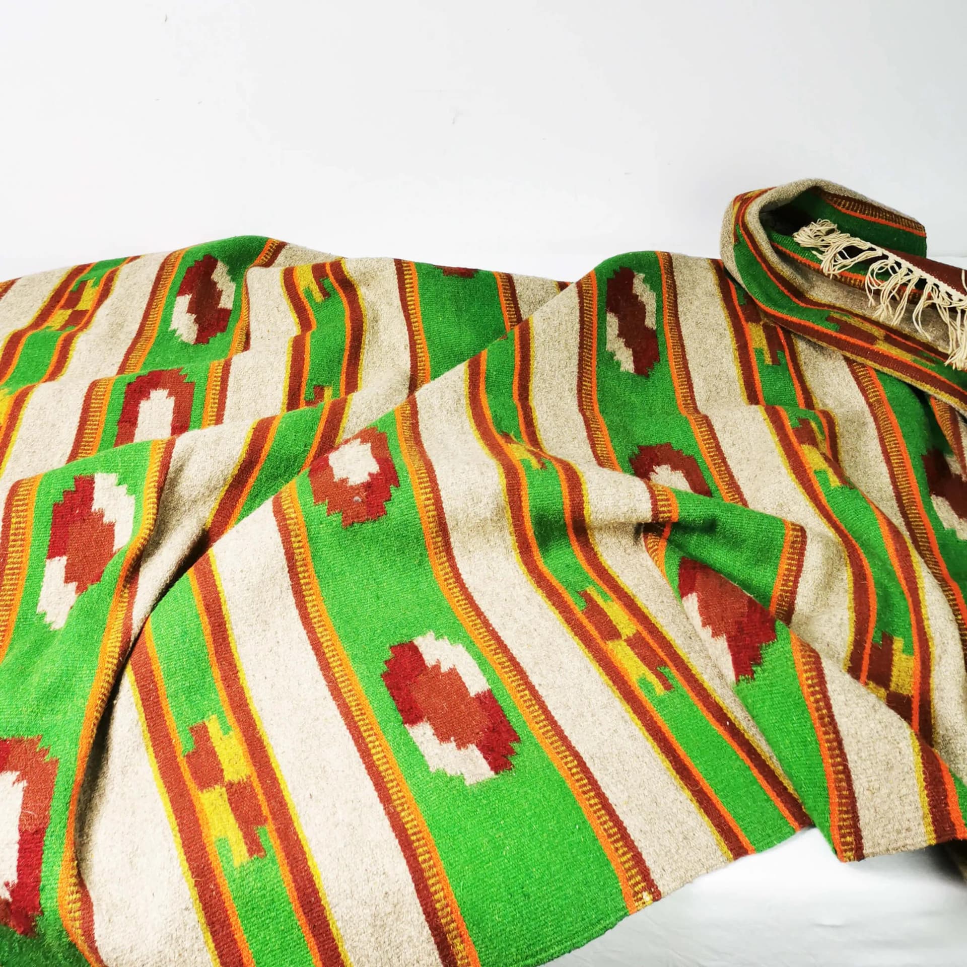 Kilim 198x139 cm, beige green red yellow orange, wool, Poland, 1960s. - 338948