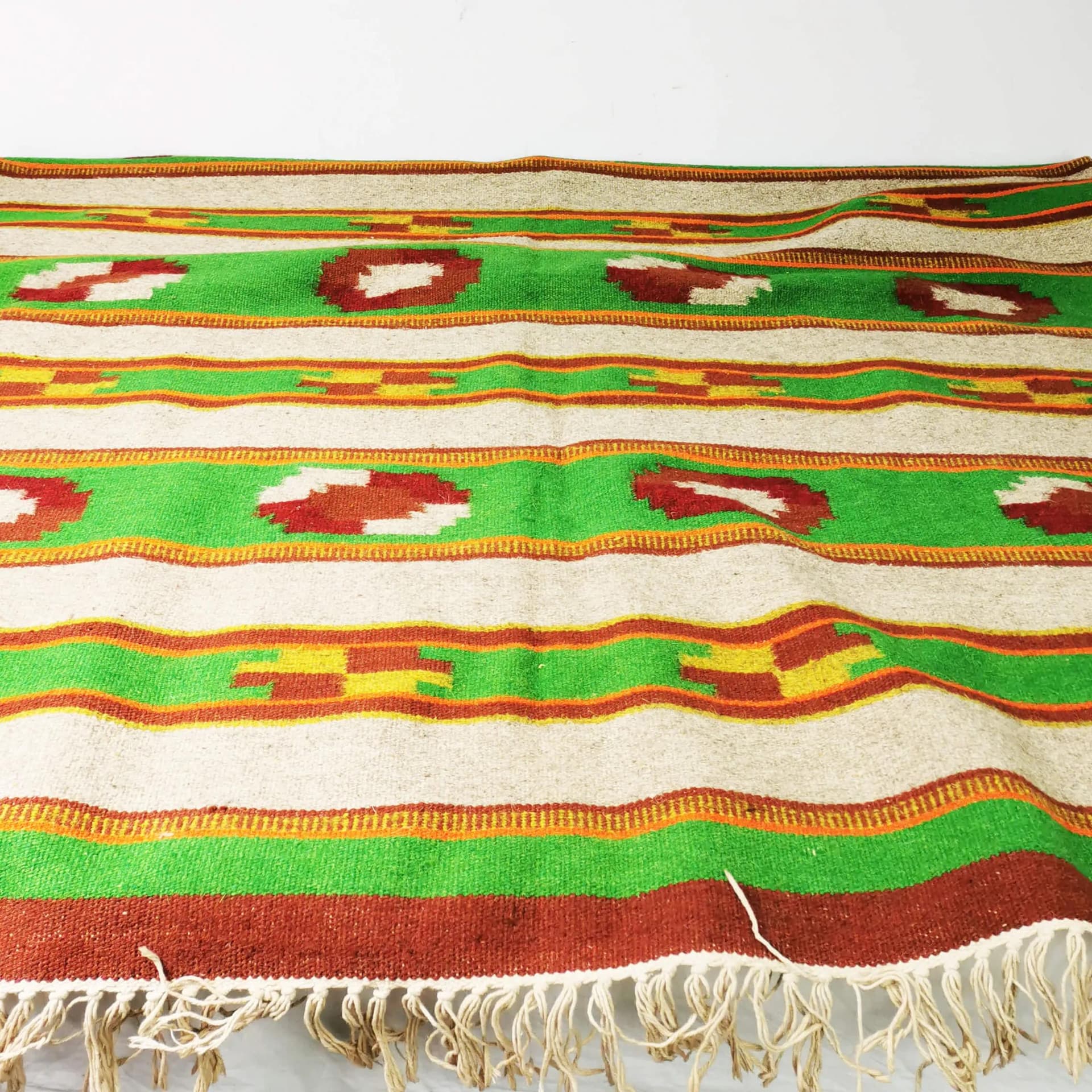 Kilim 198x139 cm, beige green red yellow orange, wool, Poland, 1960s. - 338950