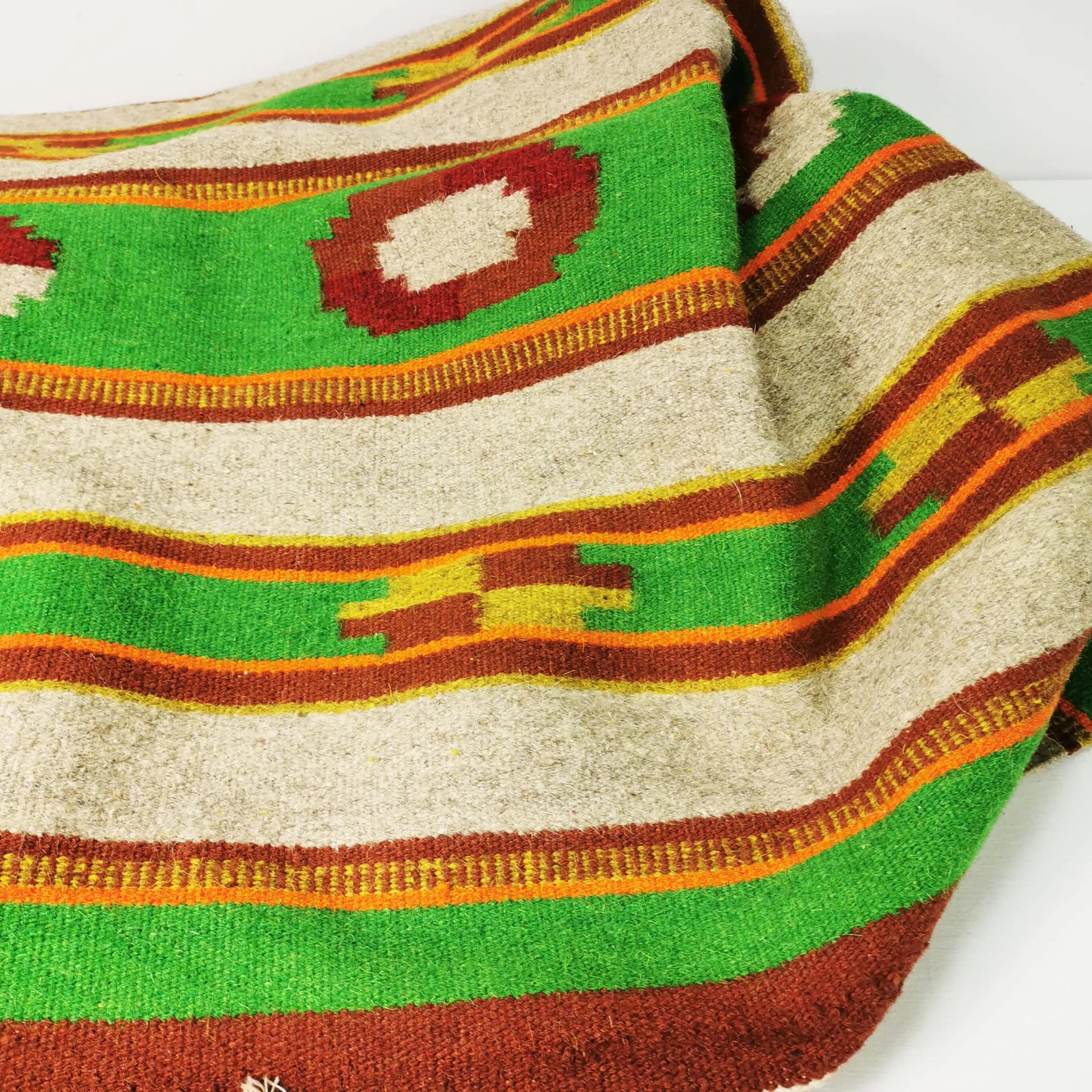 Kilim 198x139 cm, beige green red yellow orange, wool, Poland, 1960s. - 338951