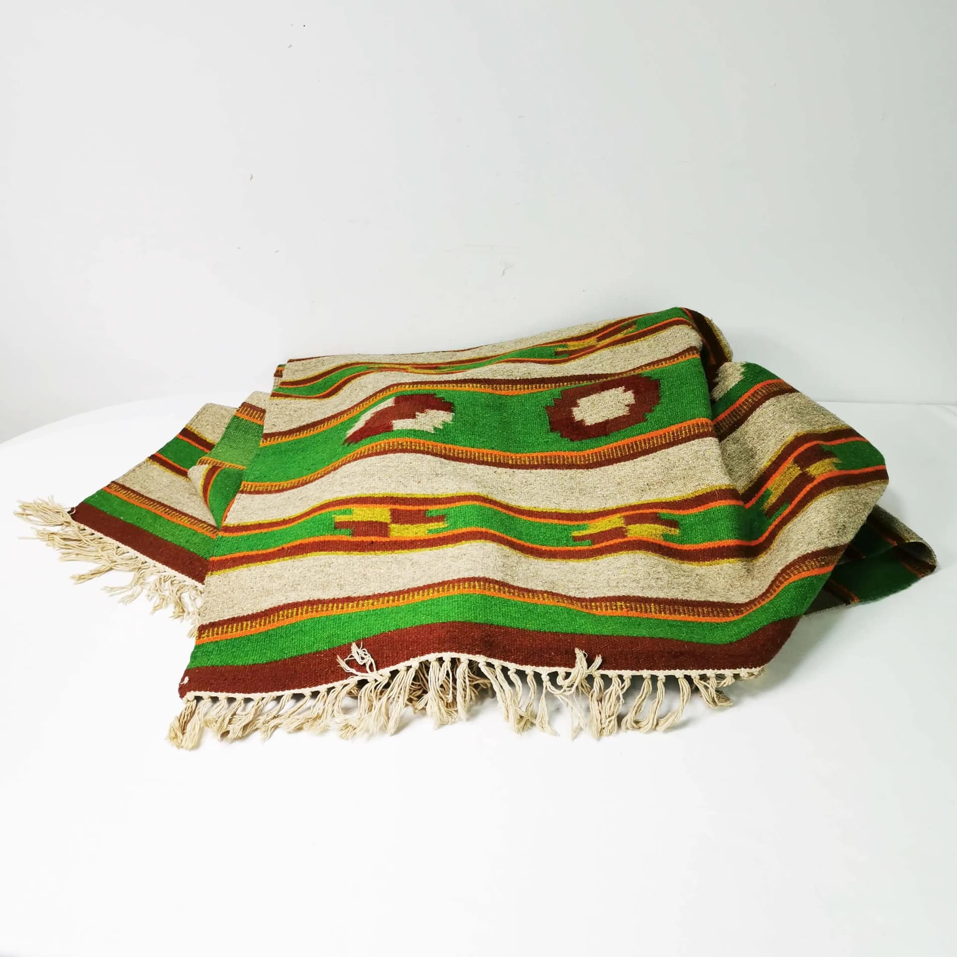 Kilim 198x139 cm, beige green red yellow orange, wool, Poland, 1960s. - 338953