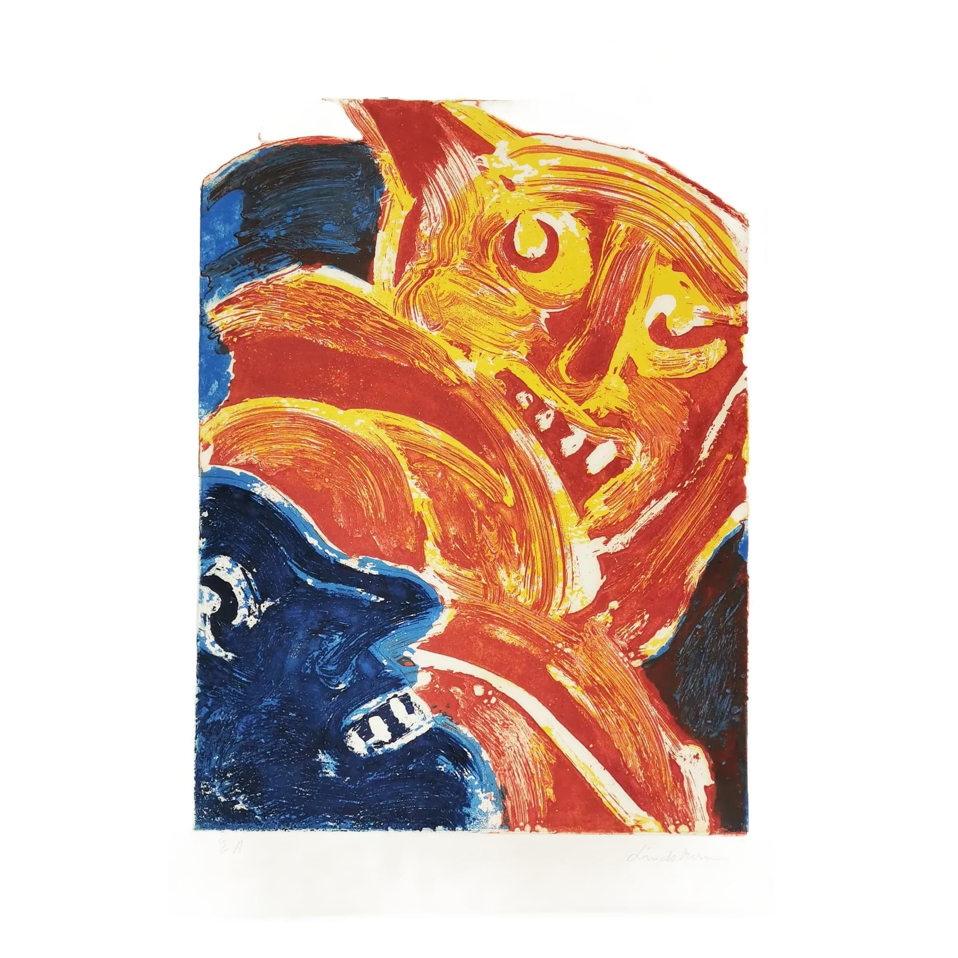 Intaglio print 90.5x63 cm, yellow orange red blue white, paper, art. B. Lindström, Sweden, 1960s.