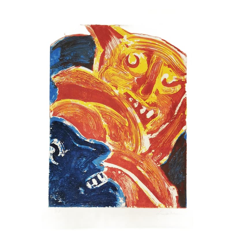 Intaglio print 90.5x63 cm, yellow orange red blue white, paper, art. B. Lindström, Sweden, 1960s.