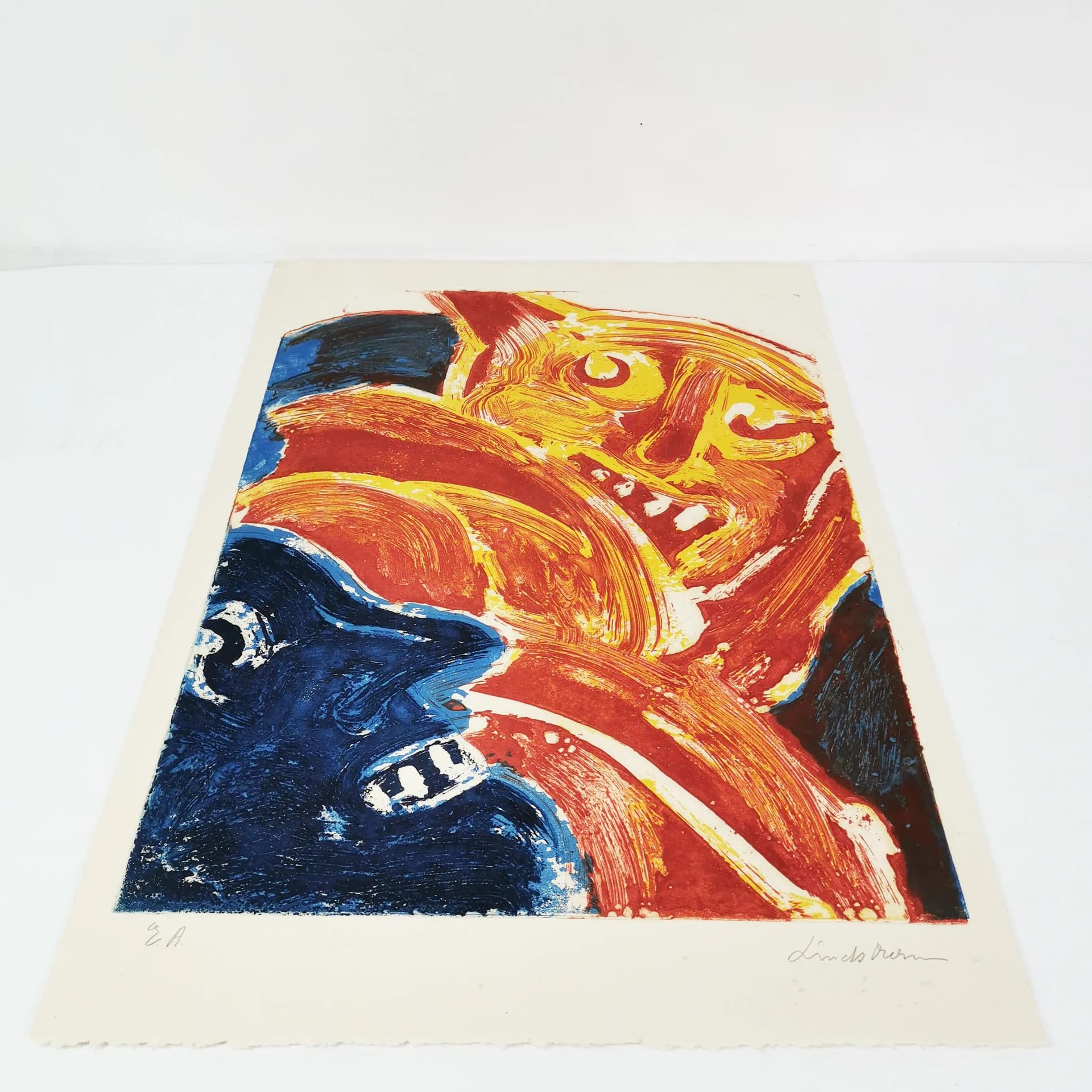 Intaglio print 90.5x63 cm, yellow orange red blue white, paper, art. B. Lindström, Sweden, 1960s. - 341076