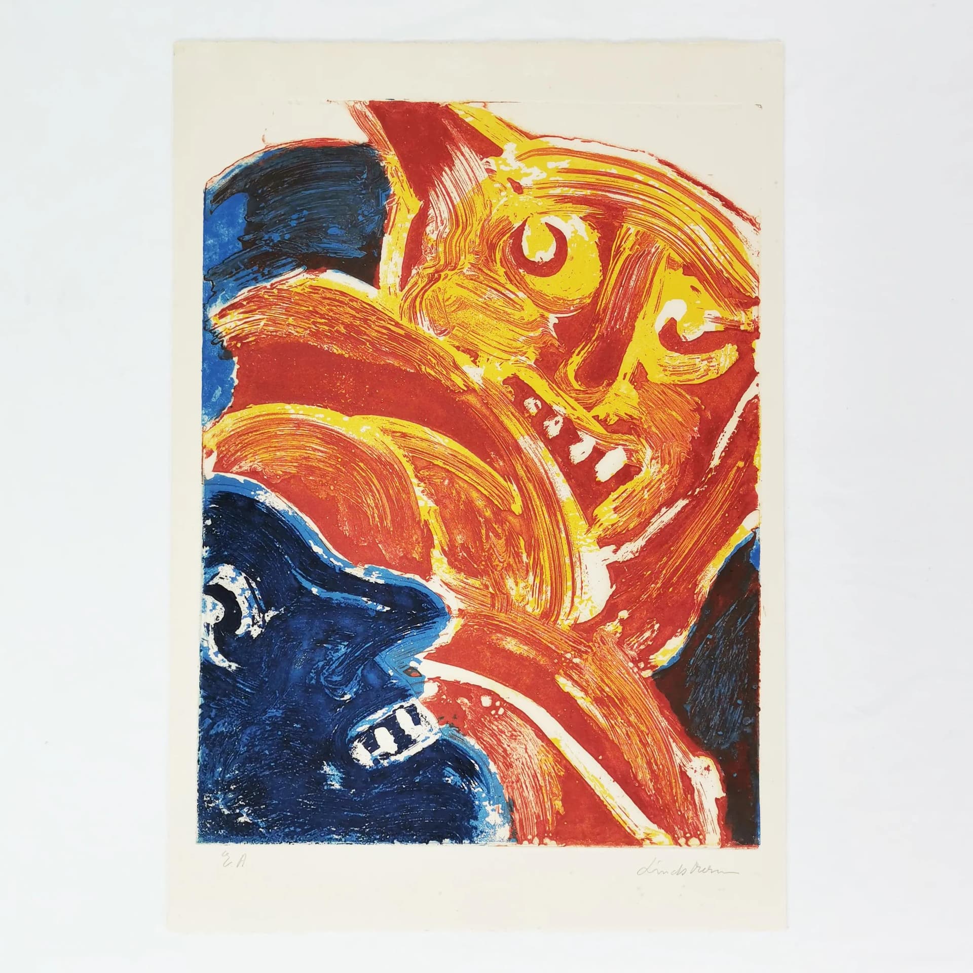 Intaglio print 90.5x63 cm, yellow orange red blue white, paper, art. B. Lindström, Sweden, 1960s. - 341075