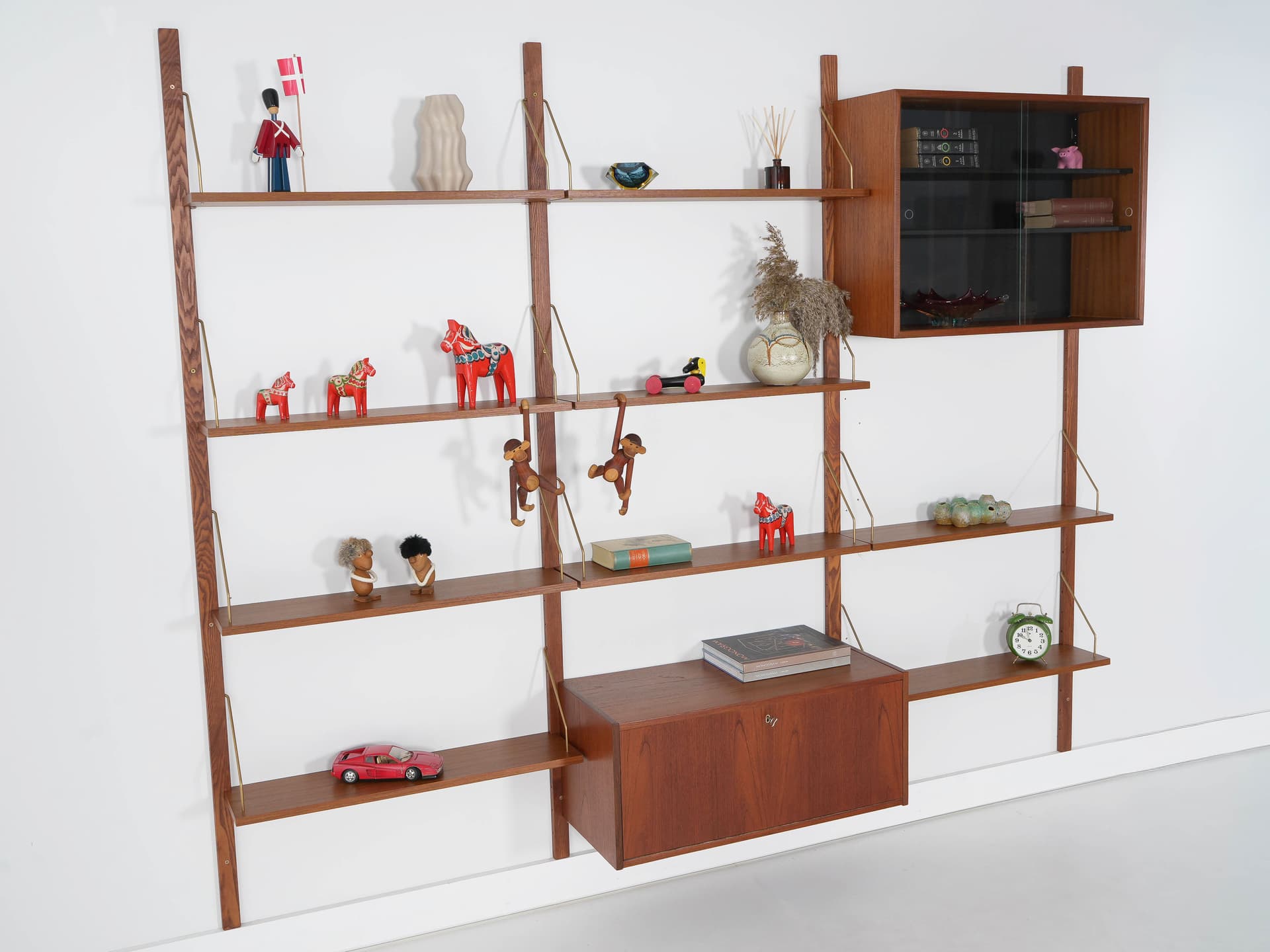 Regał systemowy, teak brązowy, metal srebrny, Dania, lata 70. - 340316