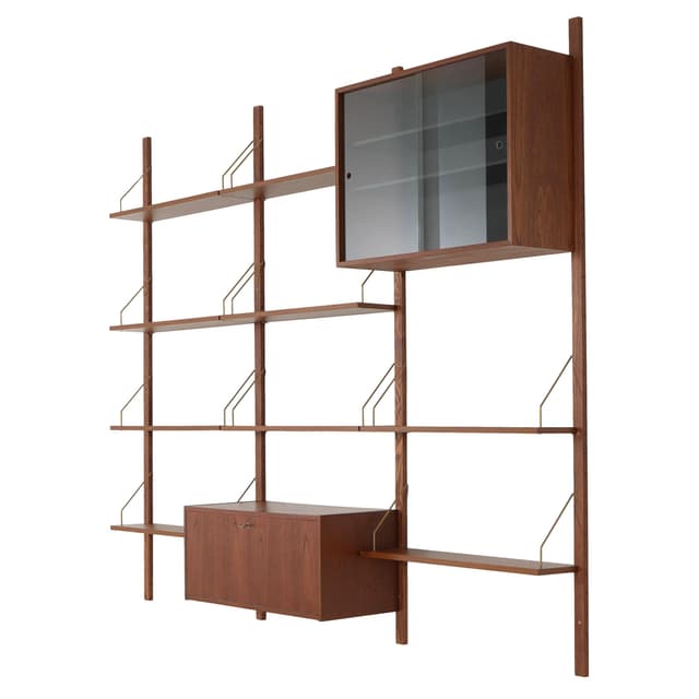 Regał systemowy, teak brązowy, metal srebrny, Dania, lata 70. - WYMIARY