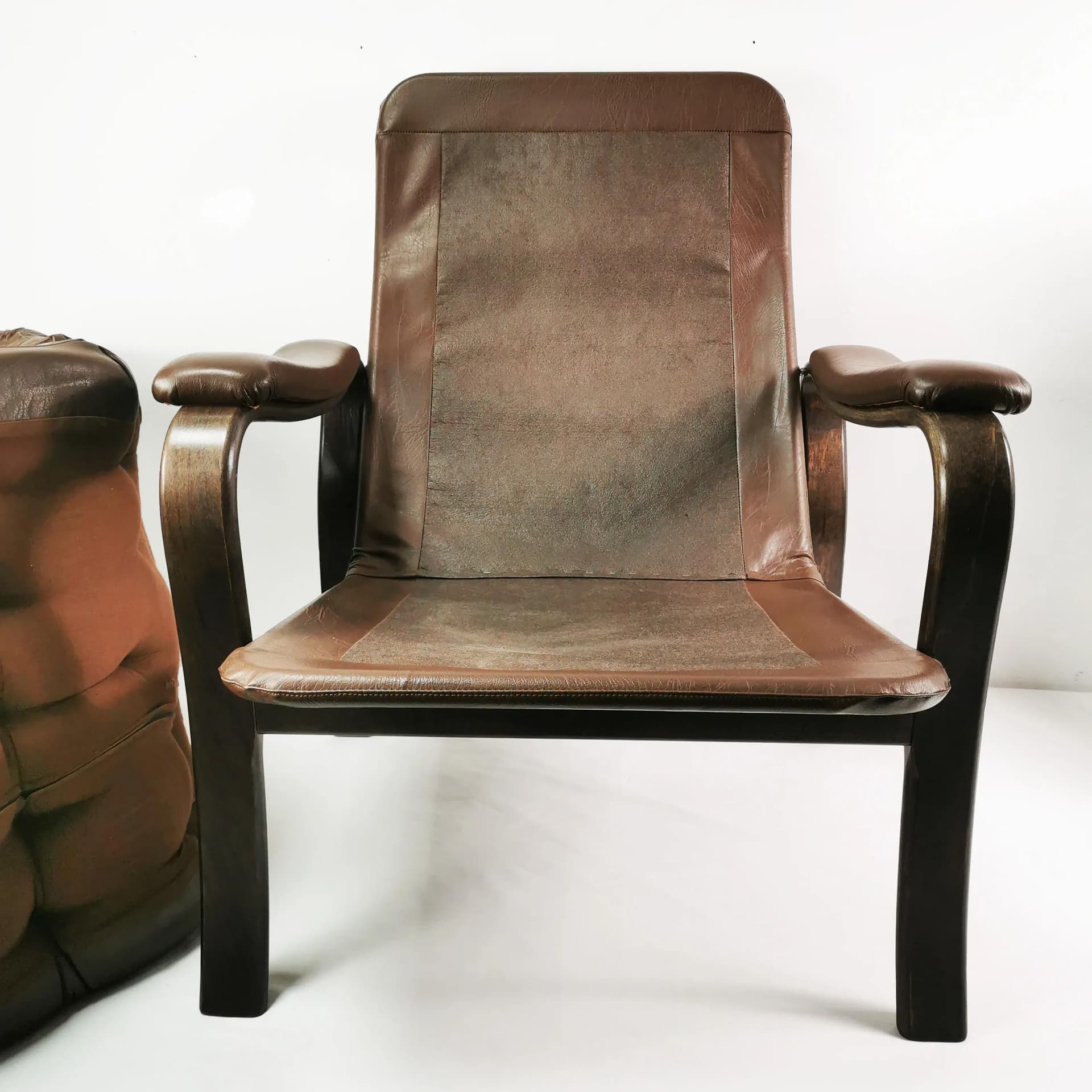 Armchair Mid Century, brown leather, beech, Denmark, 1970s. - 340953