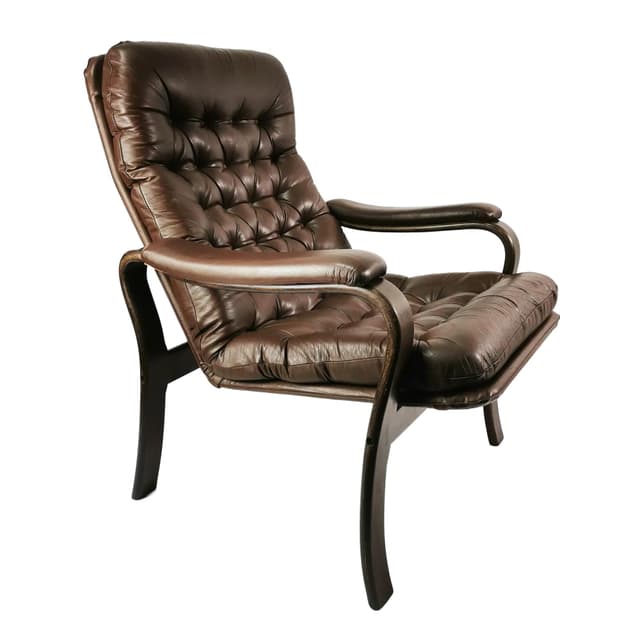 Armchair Mid Century, brown leather, beech, Denmark, 1970s. - DIMENSION