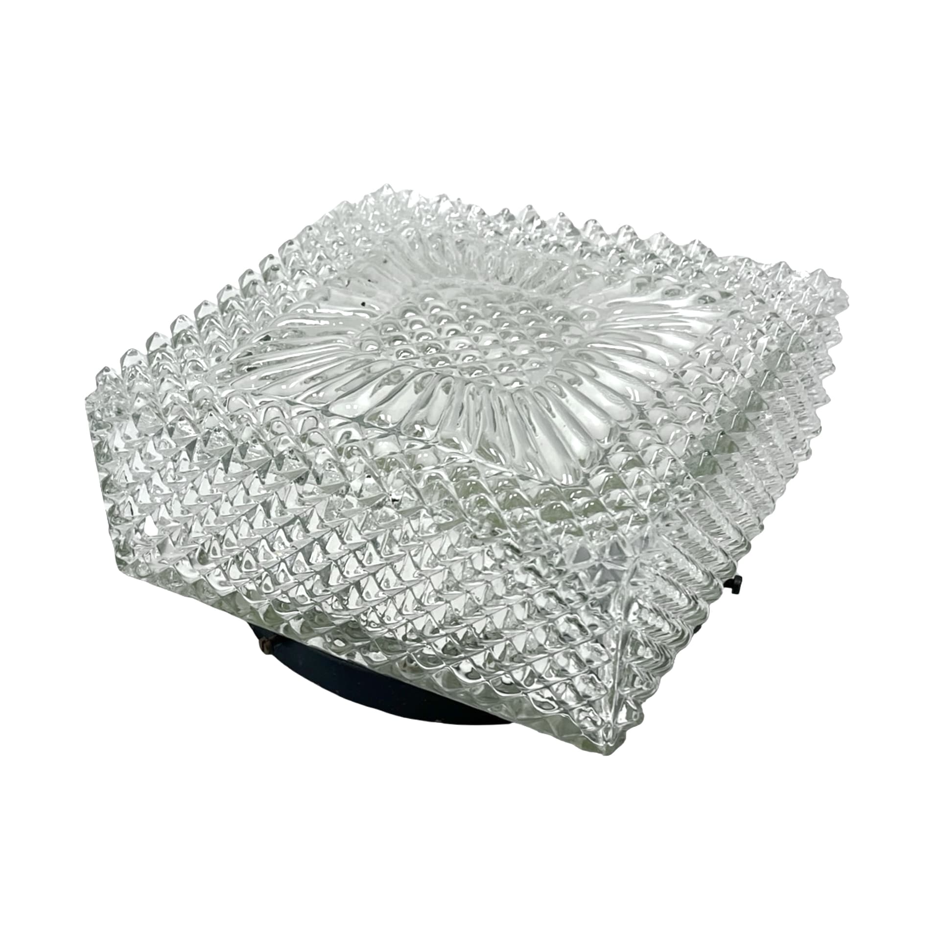 Flush mount Space Age cube, transparent glass, black metal, Hillebrand, Germany, 1970s. - 340336